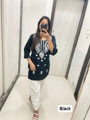 Women Chikan Embroidery Cotton Tops (Black) 48