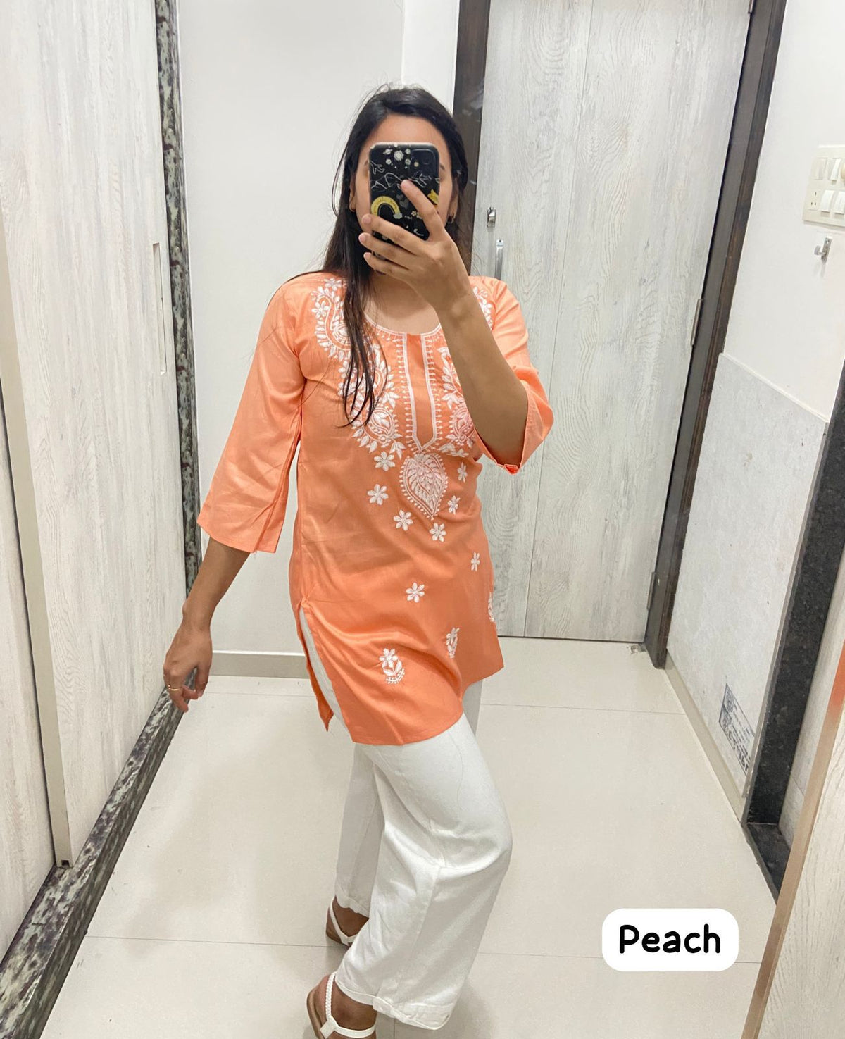 Women Chikan Embroidery Cotton Tops (Peach 53