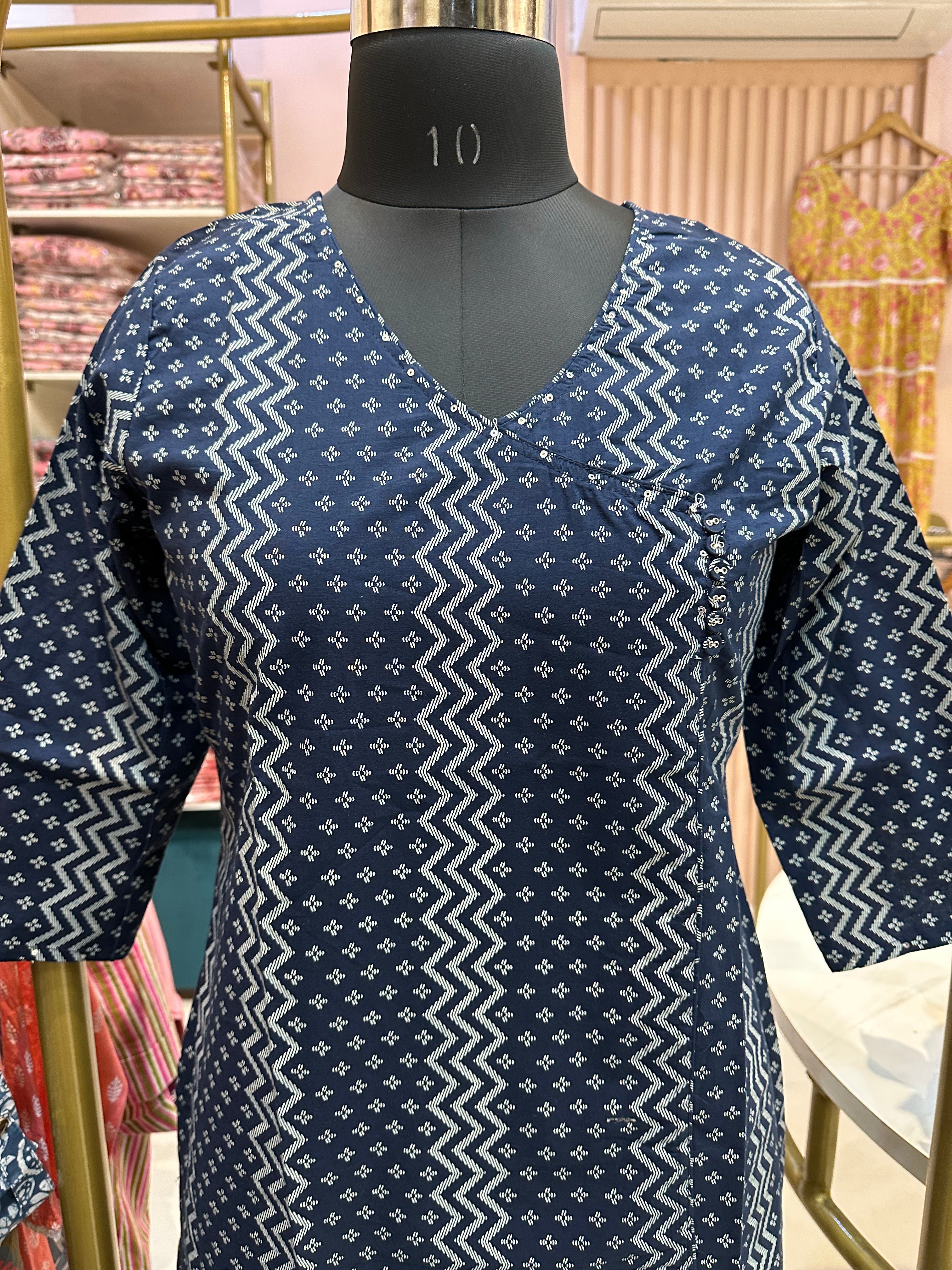 "Ira" Blue Angrakha Cotton Kurta
