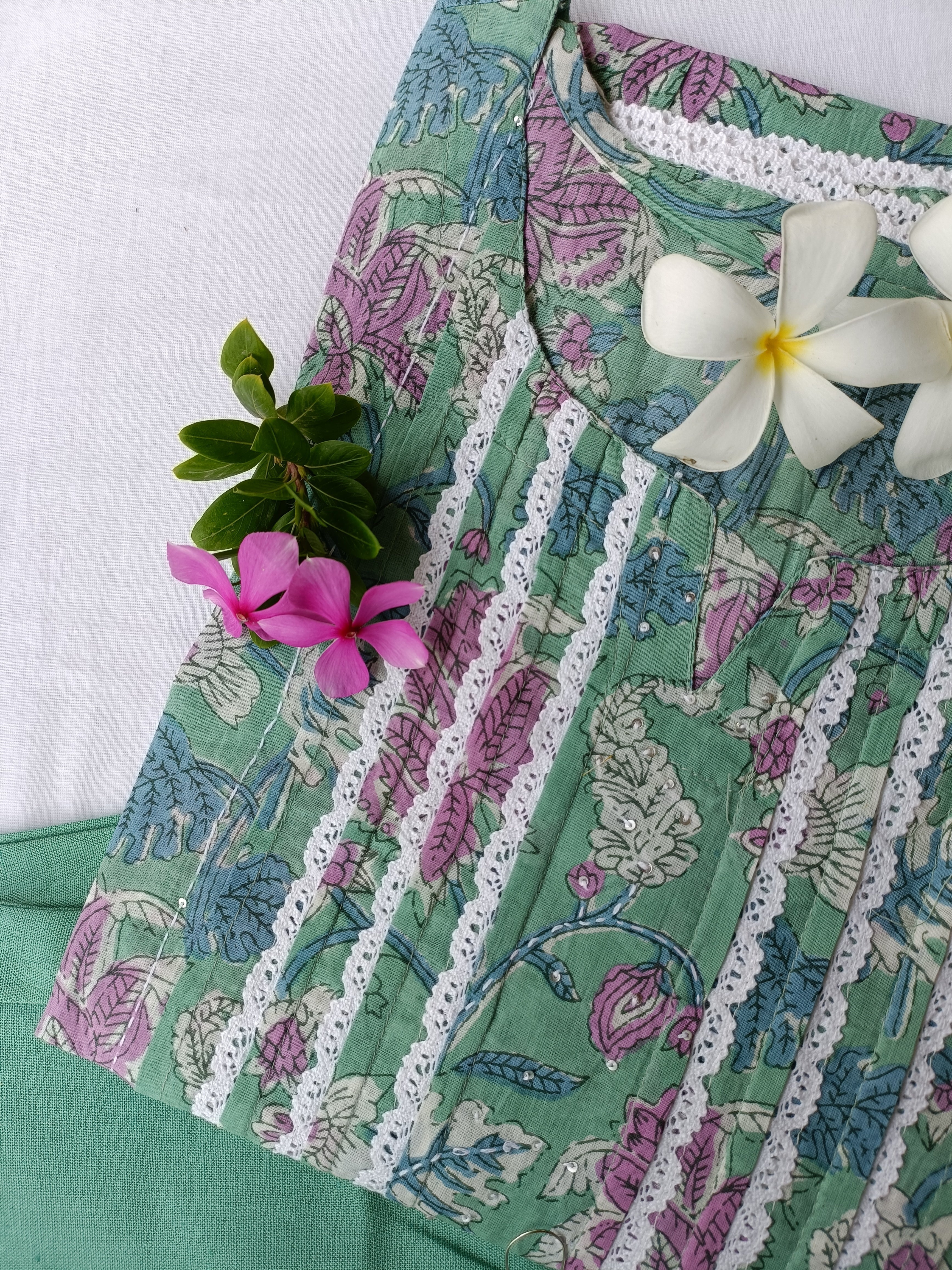 Sea Green Flaura Laced Kurta Set(2pc) - S