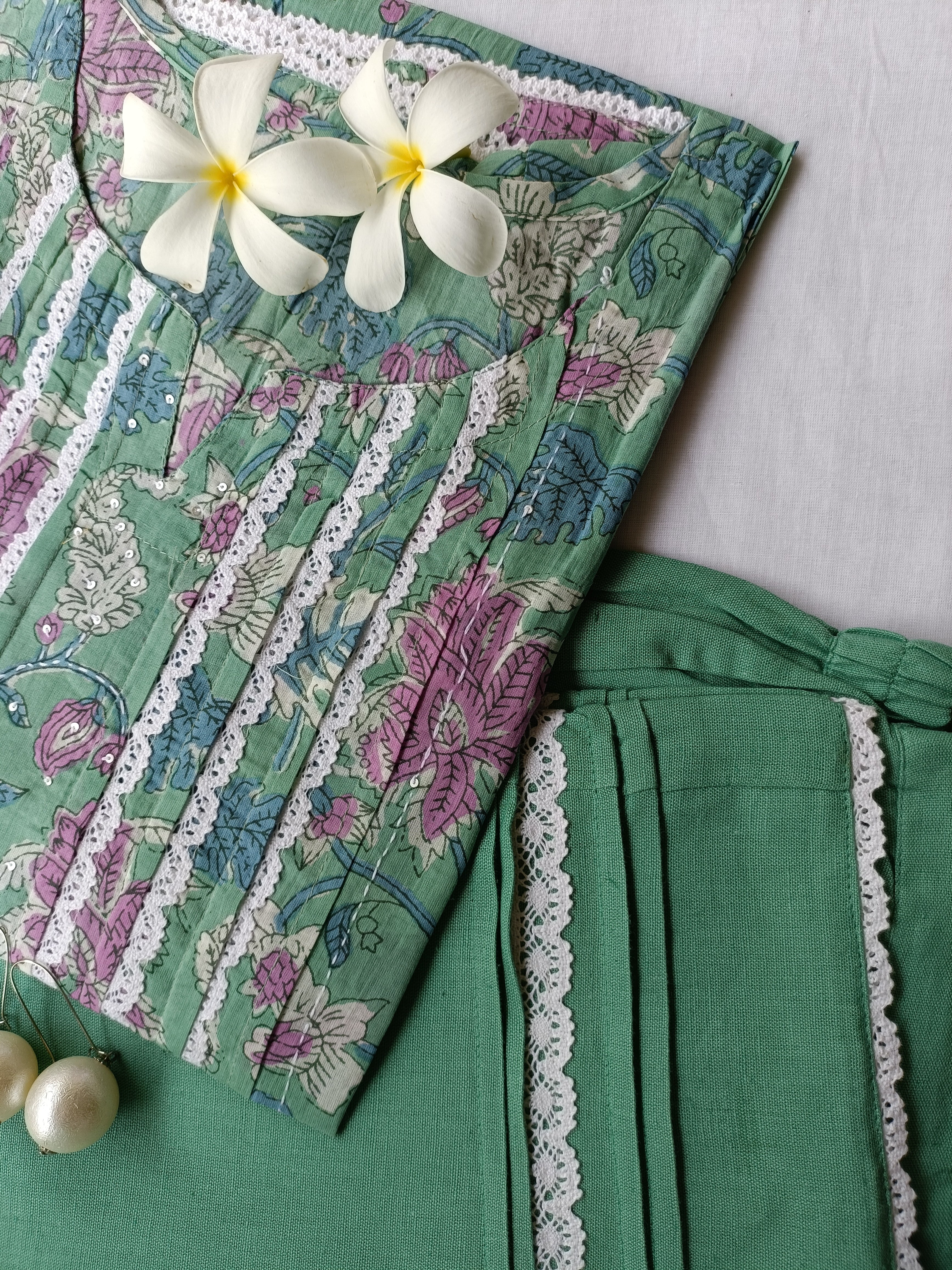 Sea Green Flaura Laced Kurta Set(2pc) - S