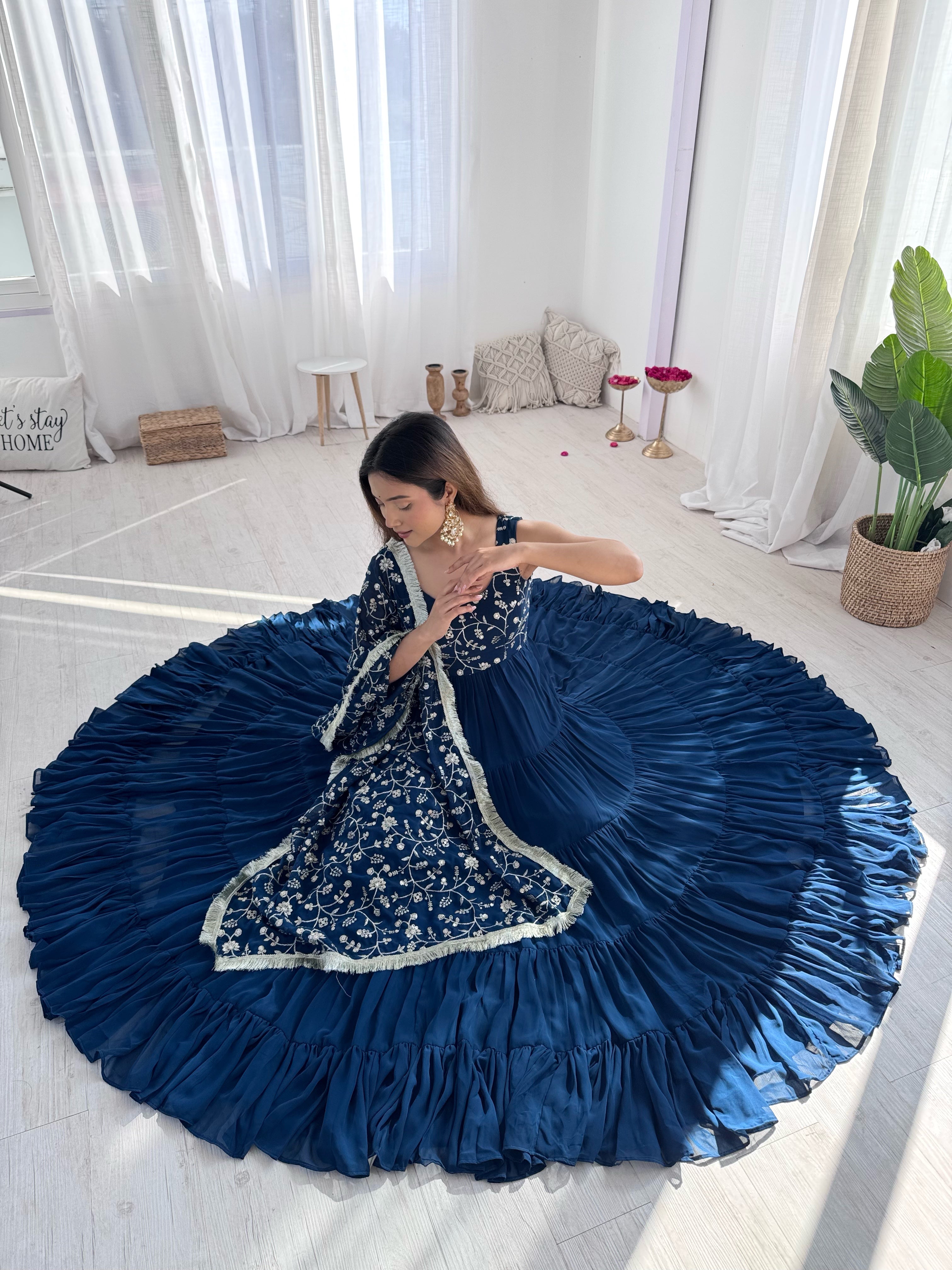 Rama-Colored Three-Layer Ruffle Georgette Anarkali Suit with Embroidered Dupatta