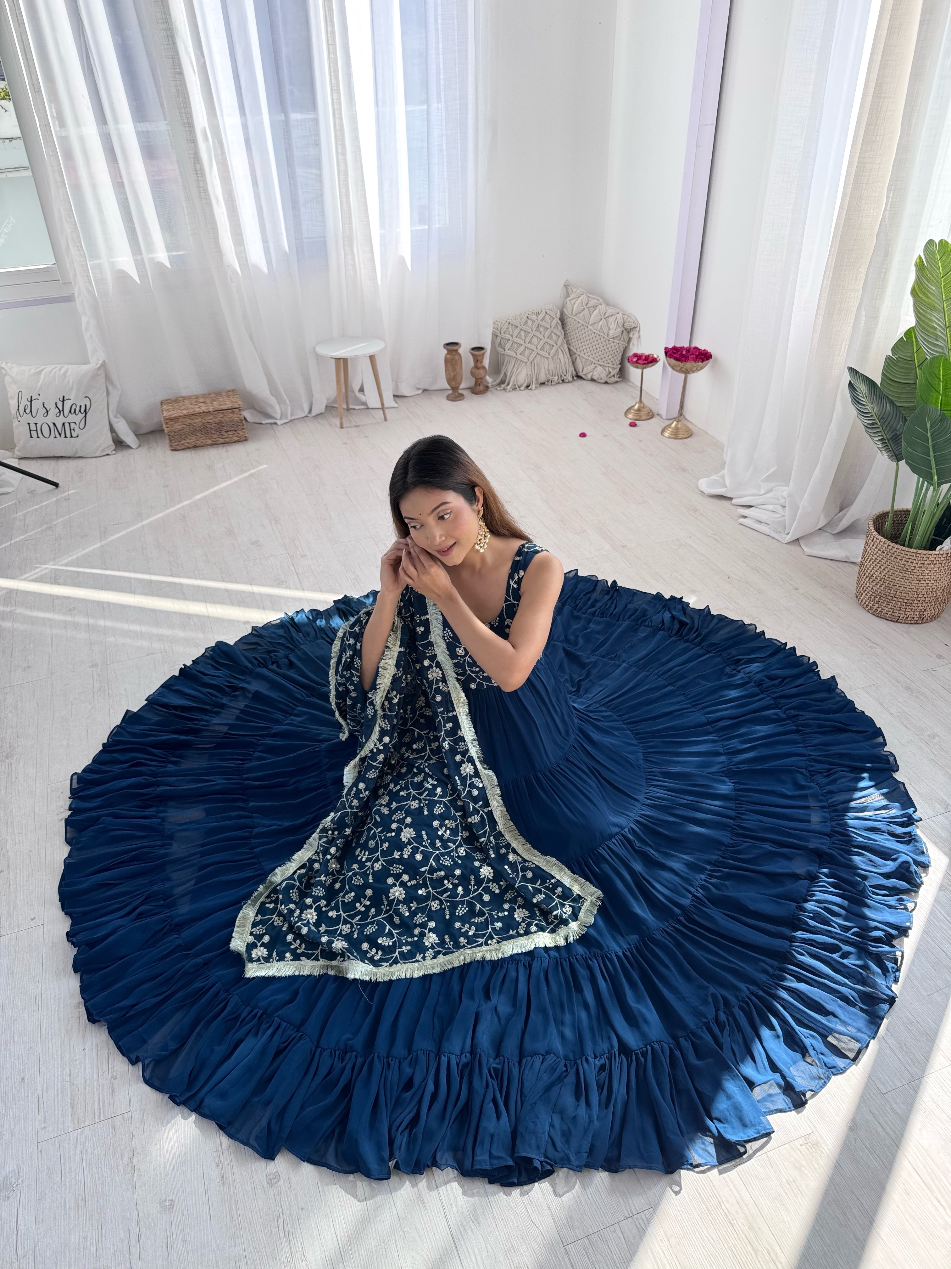 Rama-Colored Three-Layer Ruffle Georgette Anarkali Suit with Embroidered Dupatta