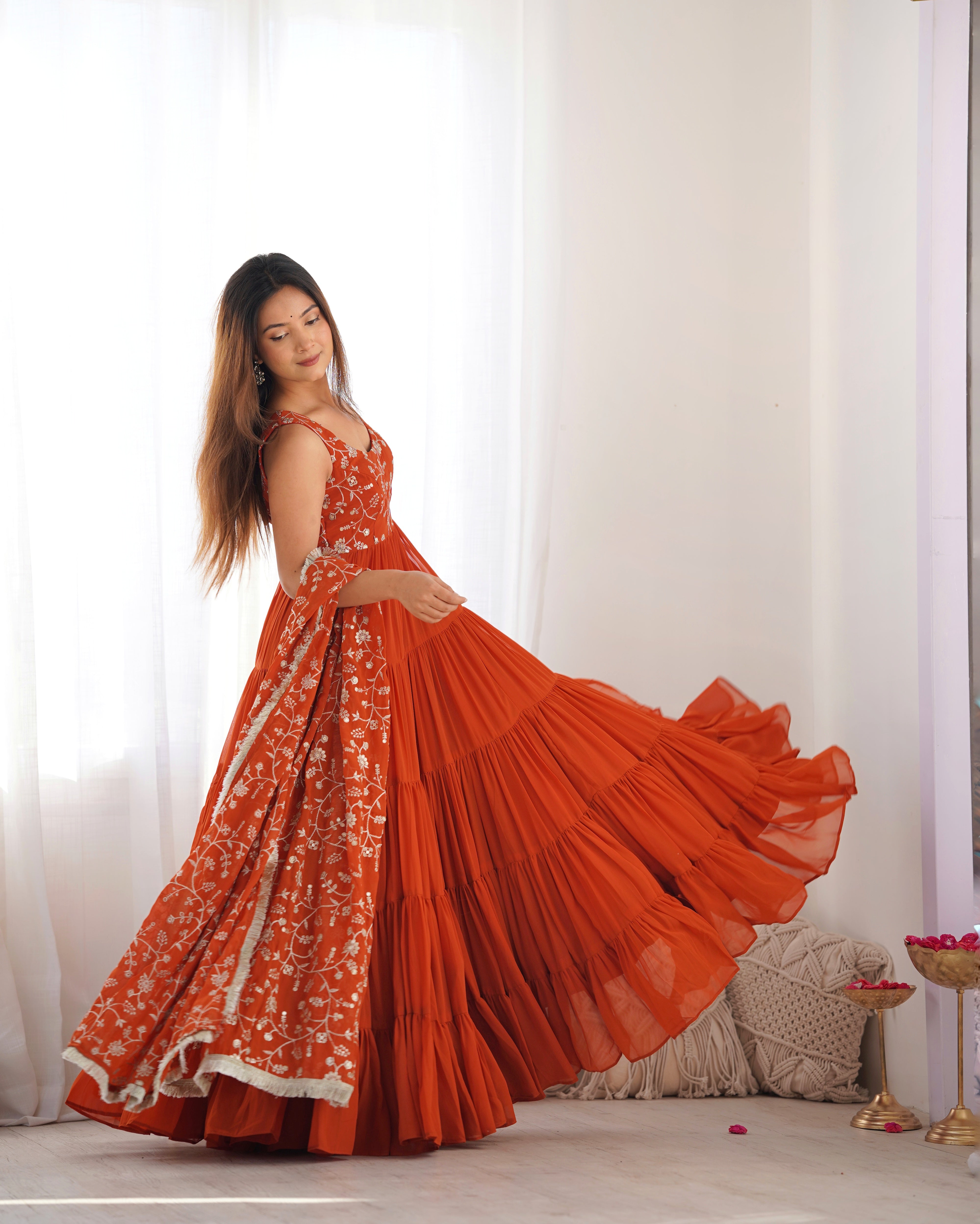Stunning Orange Georgette Five-Layer Ruffle Anarkali Suit with Embroidered Dupatta – Festive & Party Wear