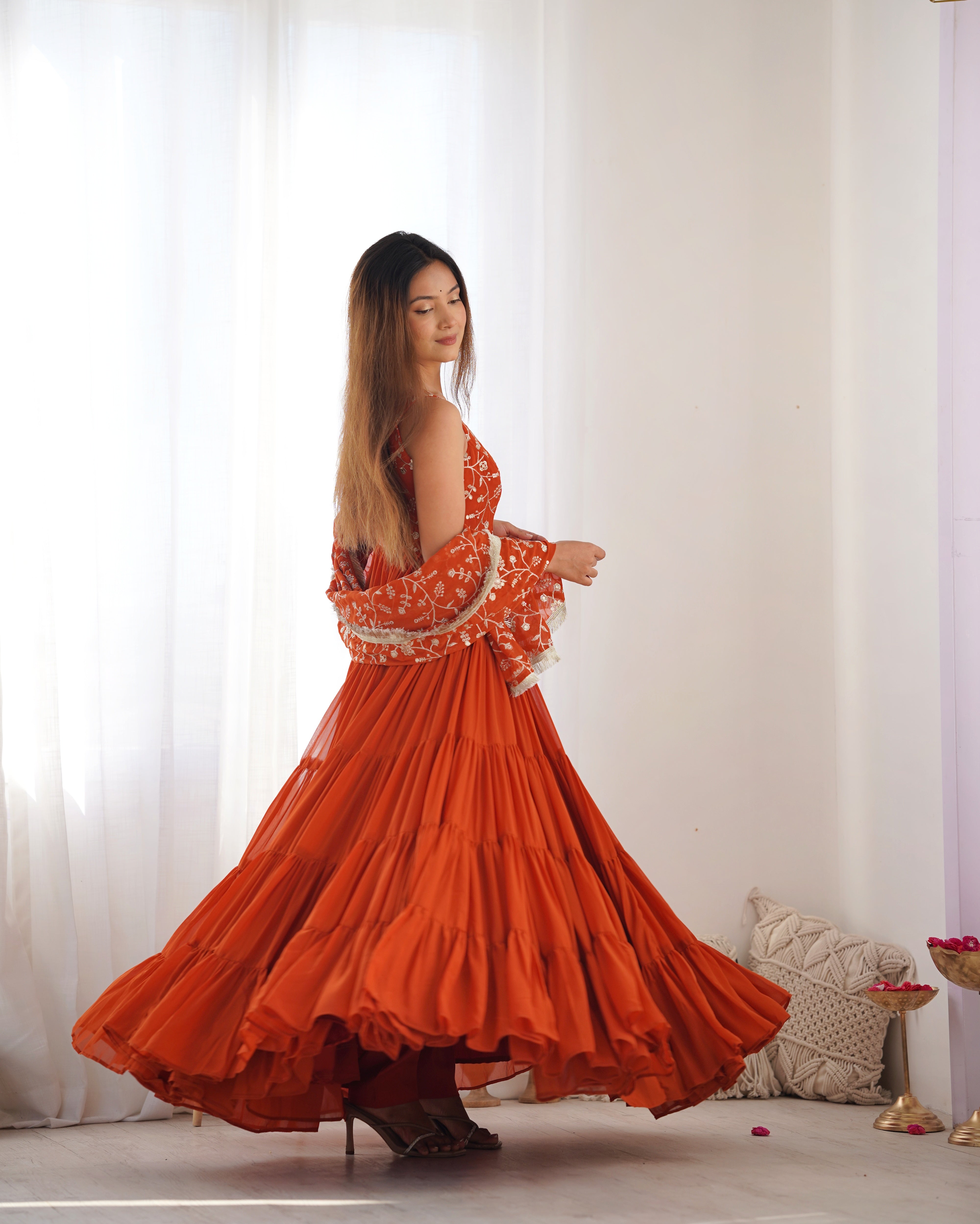 Stunning Orange Georgette Five-Layer Ruffle Anarkali Suit with Embroidered Dupatta – Festive & Party Wear