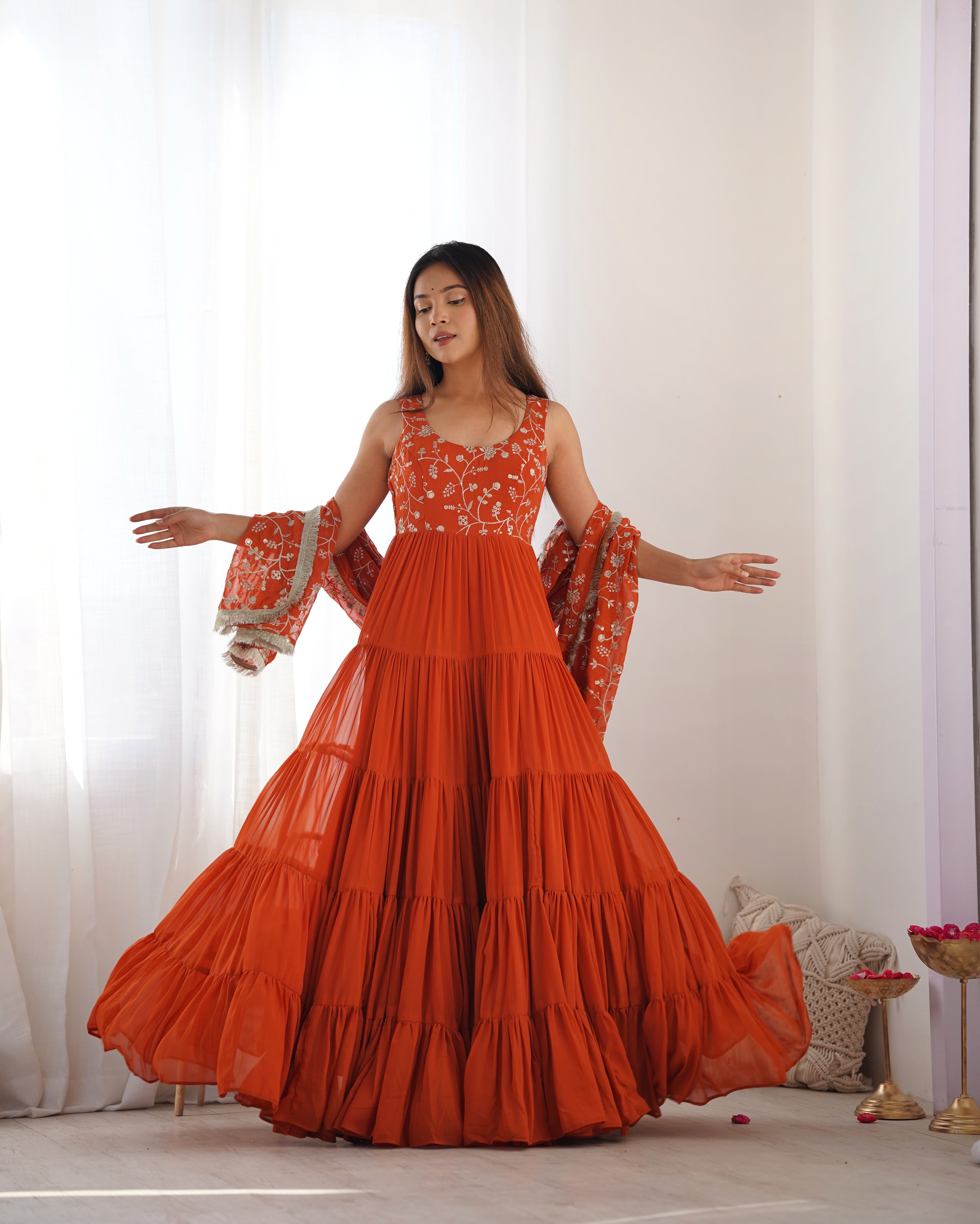 Stunning Orange Georgette Five-Layer Ruffle Anarkali Suit with Embroidered Dupatta – Festive & Party Wear