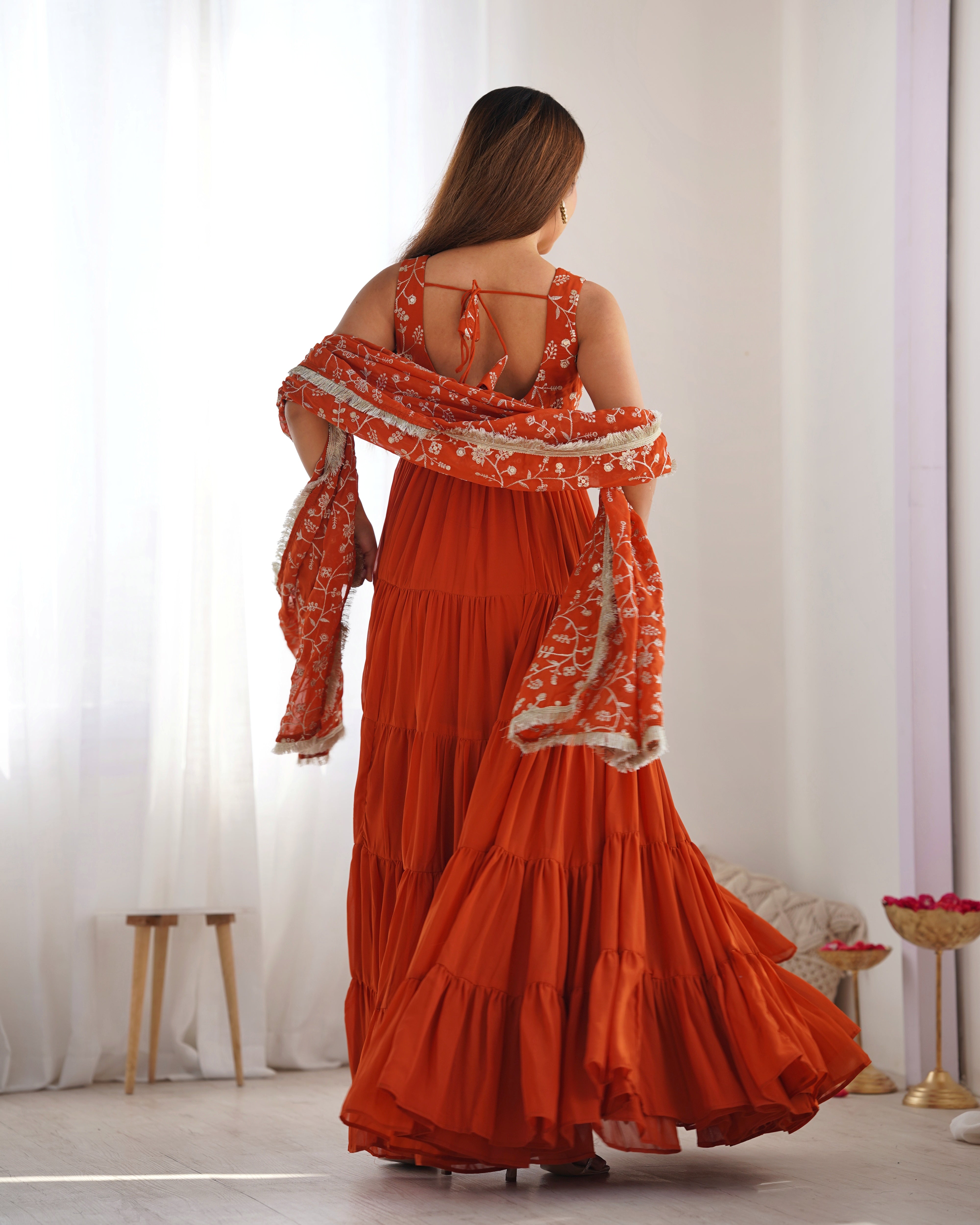 Stunning Orange Georgette Five-Layer Ruffle Anarkali Suit with Embroidered Dupatta – Festive & Party Wear