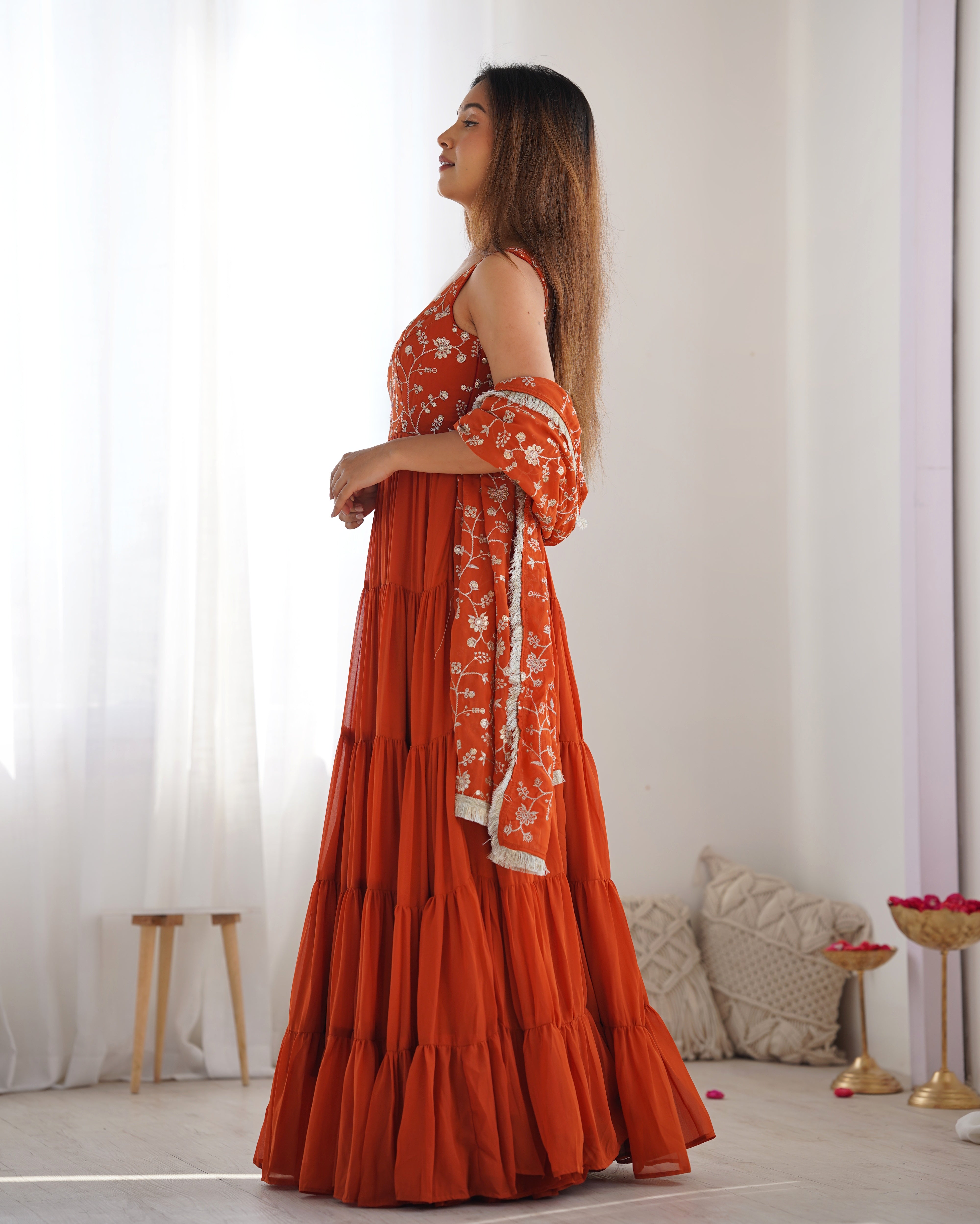 Stunning Orange Georgette Five-Layer Ruffle Anarkali Suit with Embroidered Dupatta – Festive & Party Wear