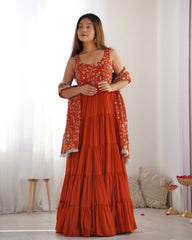 Stunning Orange Georgette Five-Layer Ruffle Anarkali Suit with Embroidered Dupatta – Festive & Party Wear