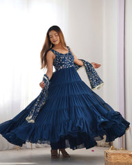 Rama-Colored Three-Layer Ruffle Georgette Anarkali Suit with Embroidered Dupatta