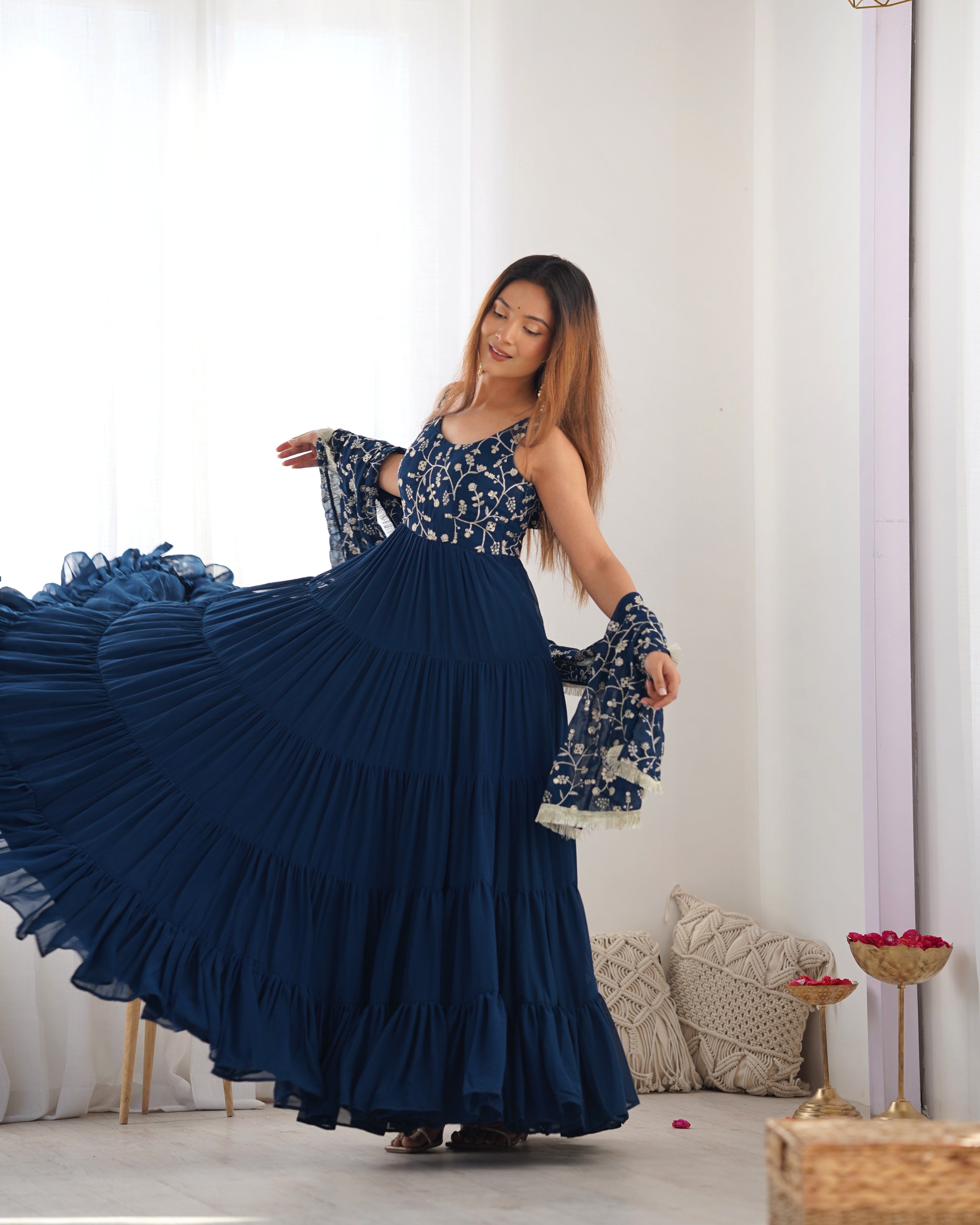 Rama-Colored Three-Layer Ruffle Georgette Anarkali Suit with Embroidered Dupatta