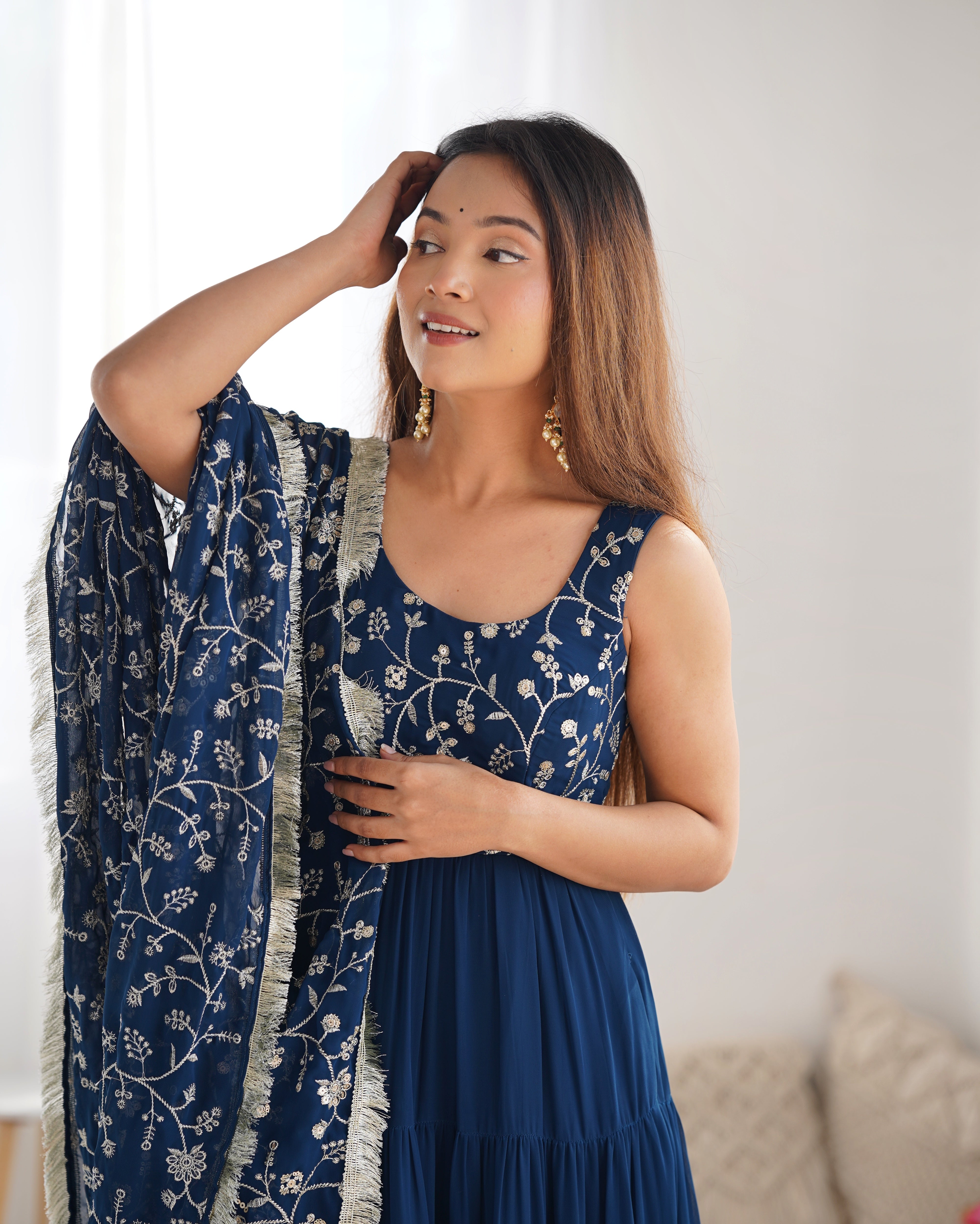 Rama-Colored Three-Layer Ruffle Georgette Anarkali Suit with Embroidered Dupatta