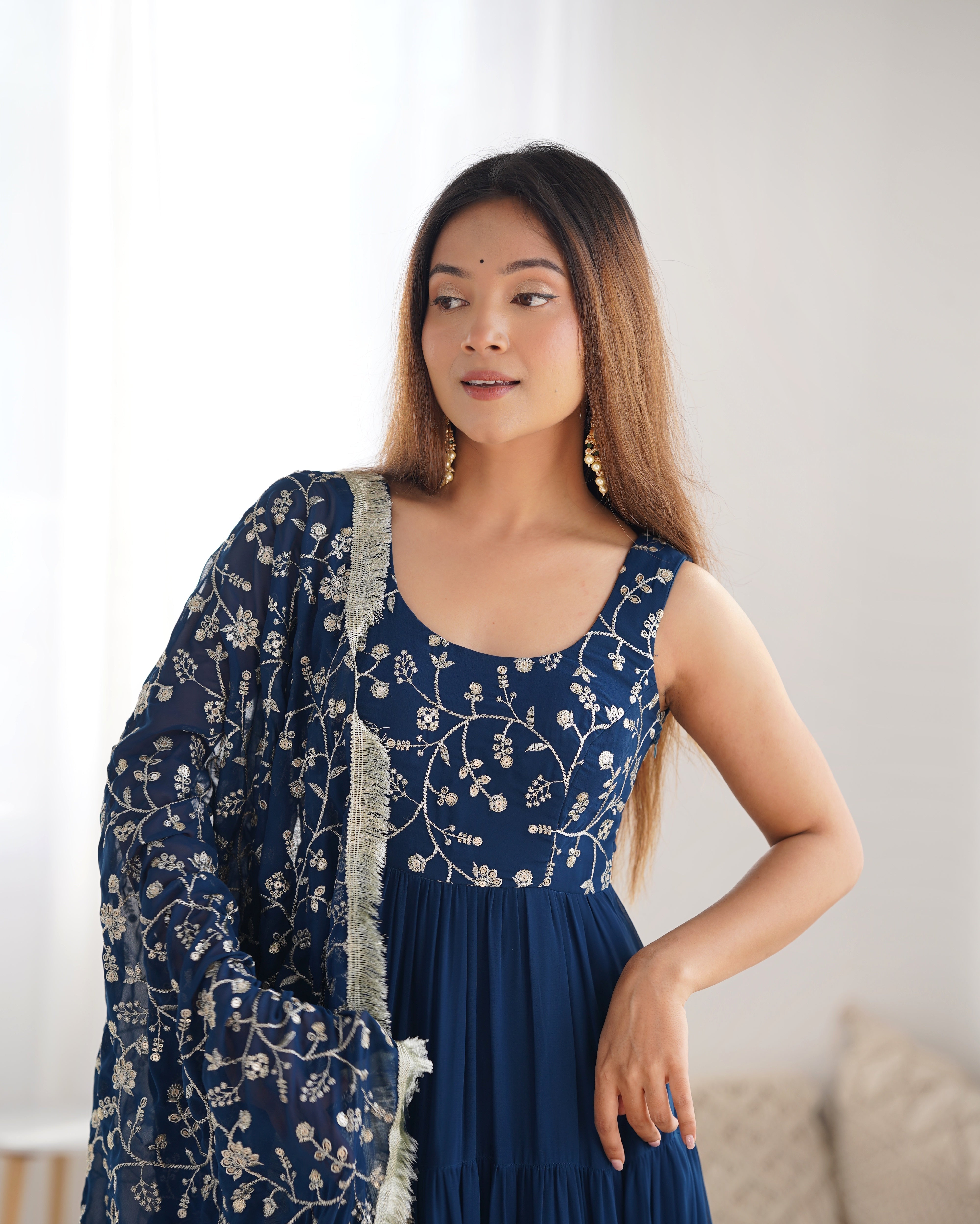 Rama-Colored Three-Layer Ruffle Georgette Anarkali Suit with Embroidered Dupatta