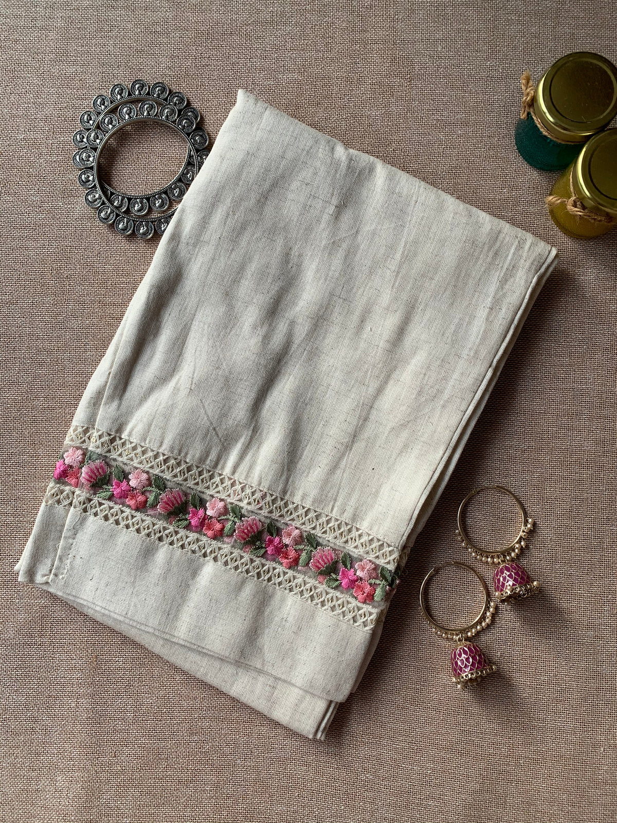 Slub cotton embroidered Straight Pants