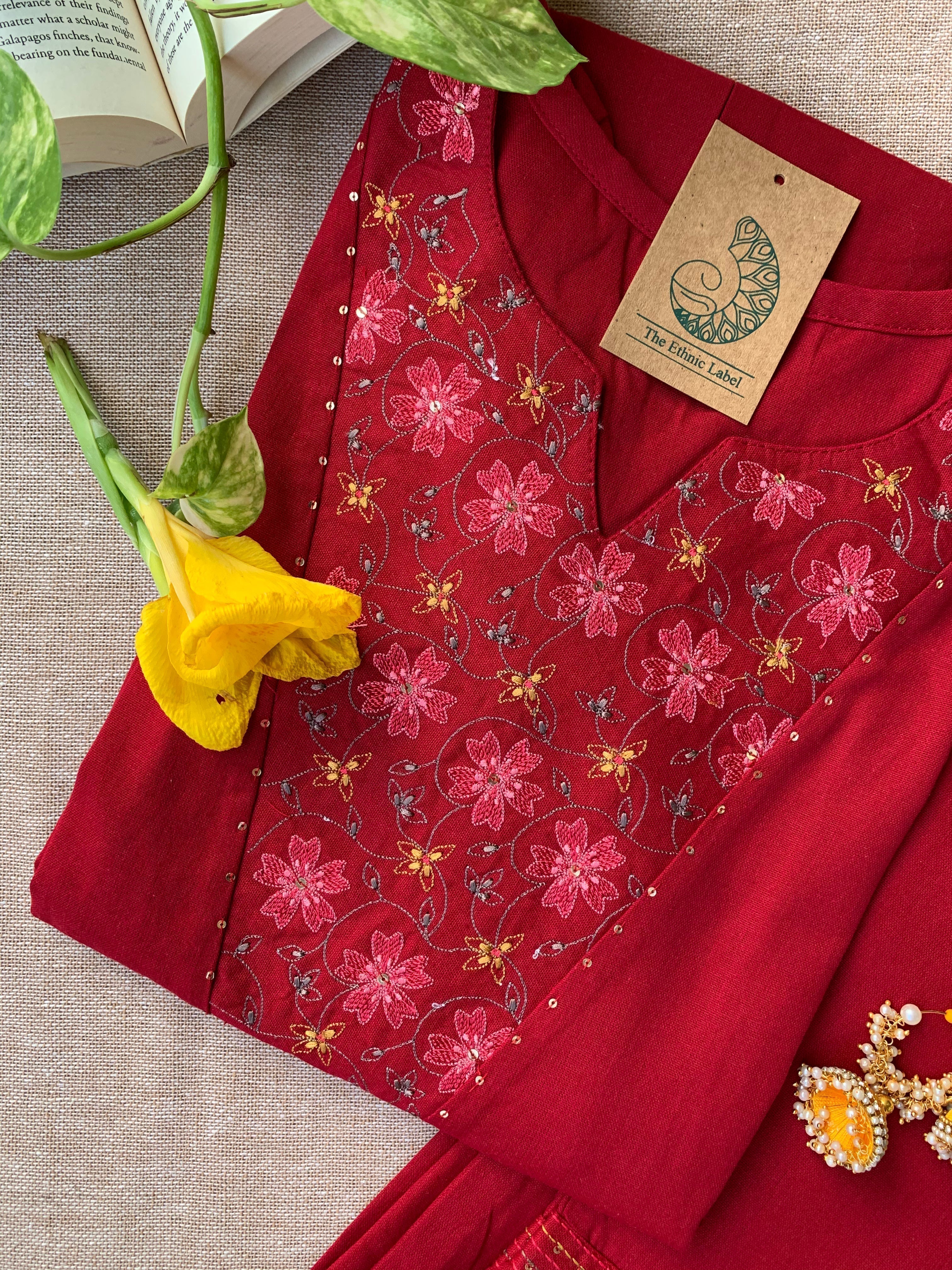 "Mahua" Hand Embroidered Cotton Kurta Set(2pc)