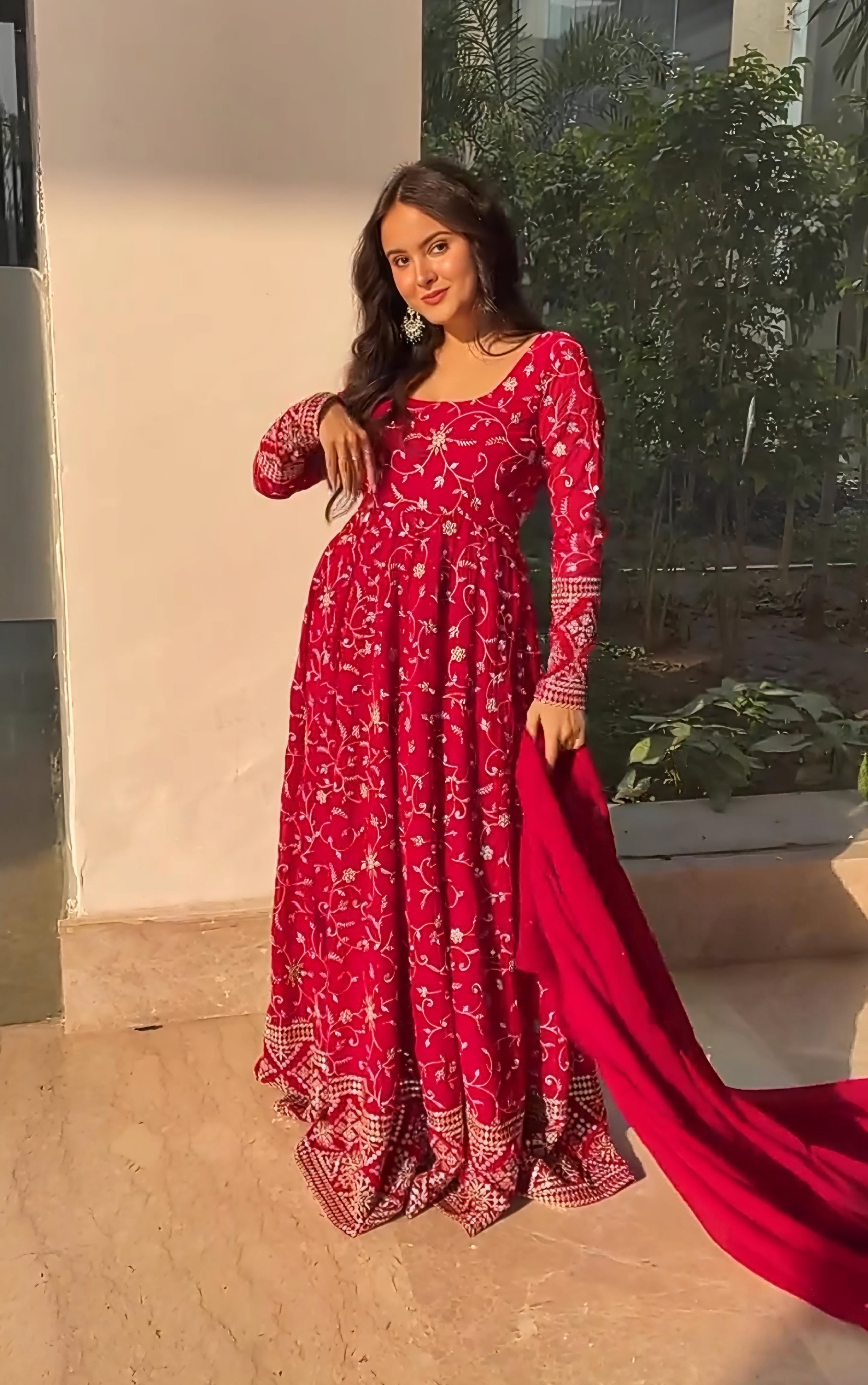 Georgette Embroidered Kurta Set with Cotton Pants & Dupatta