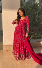 Georgette Embroidered Kurta Set with Cotton Pants & Dupatta