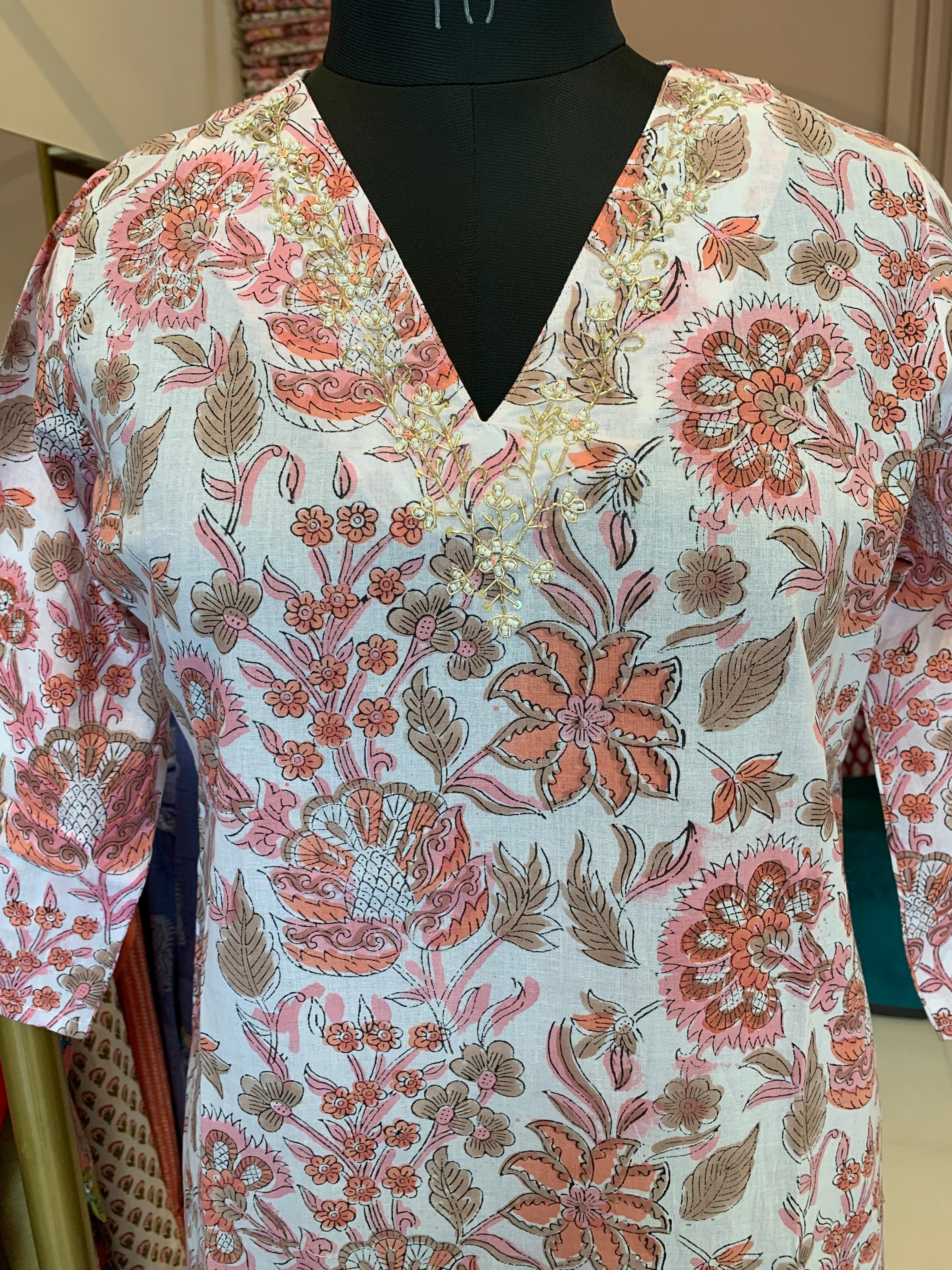 "Peachy Elegance" Hand Work Embellished Cotton kurta