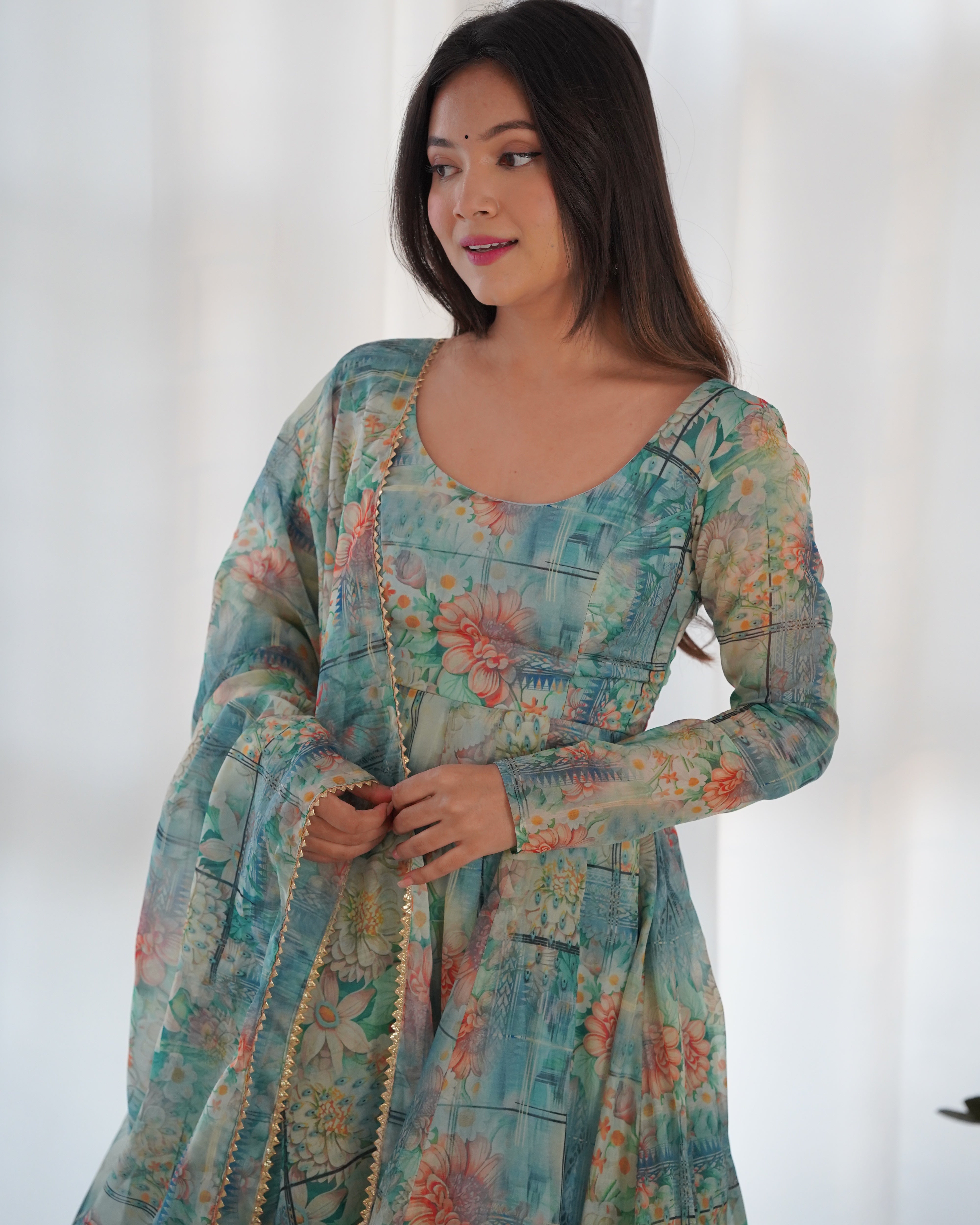 Bottle Green Floral Print Organza Anarkali Suit with Elegant Flair