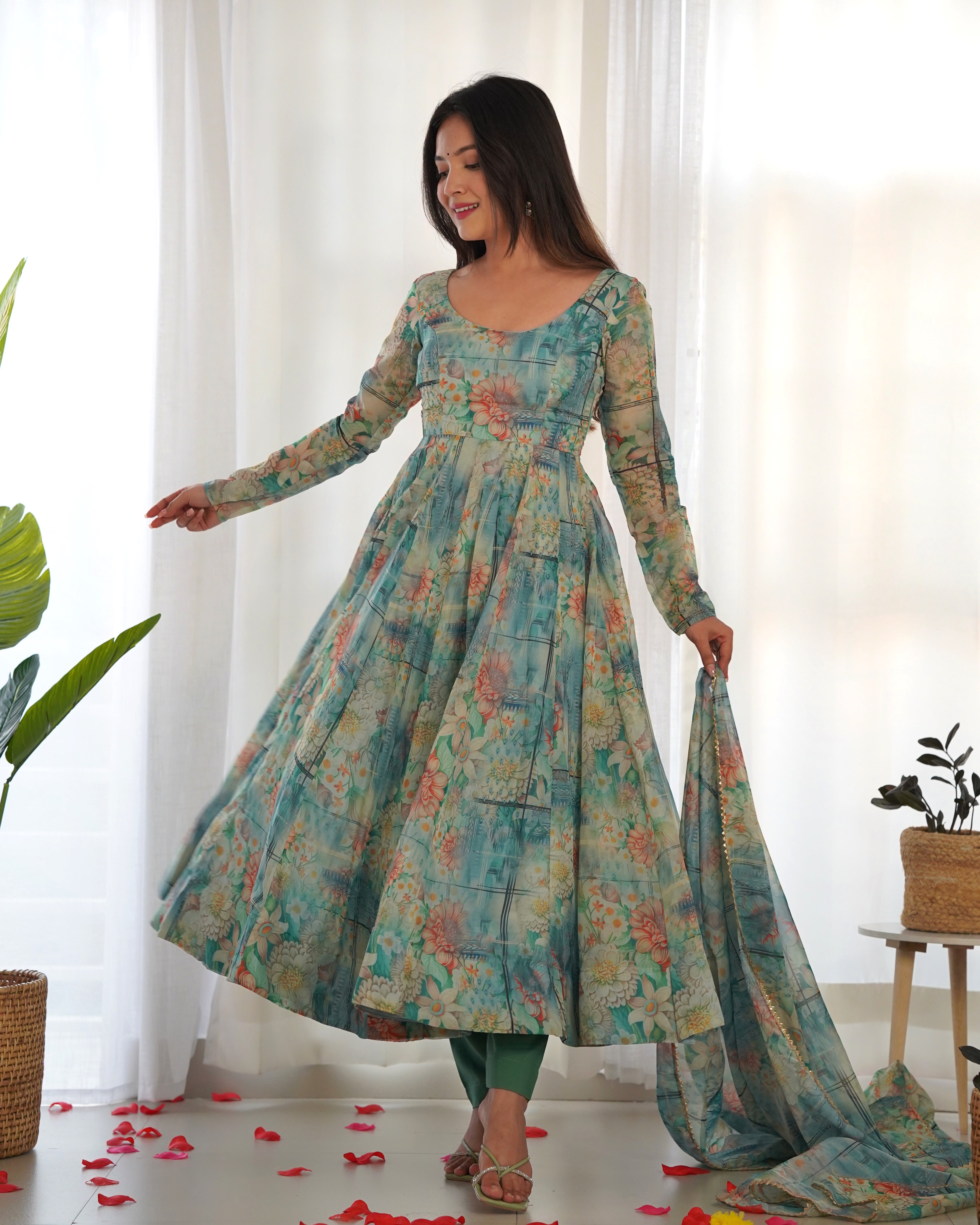 Bottle Green Floral Print Organza Anarkali Suit with Elegant Flair