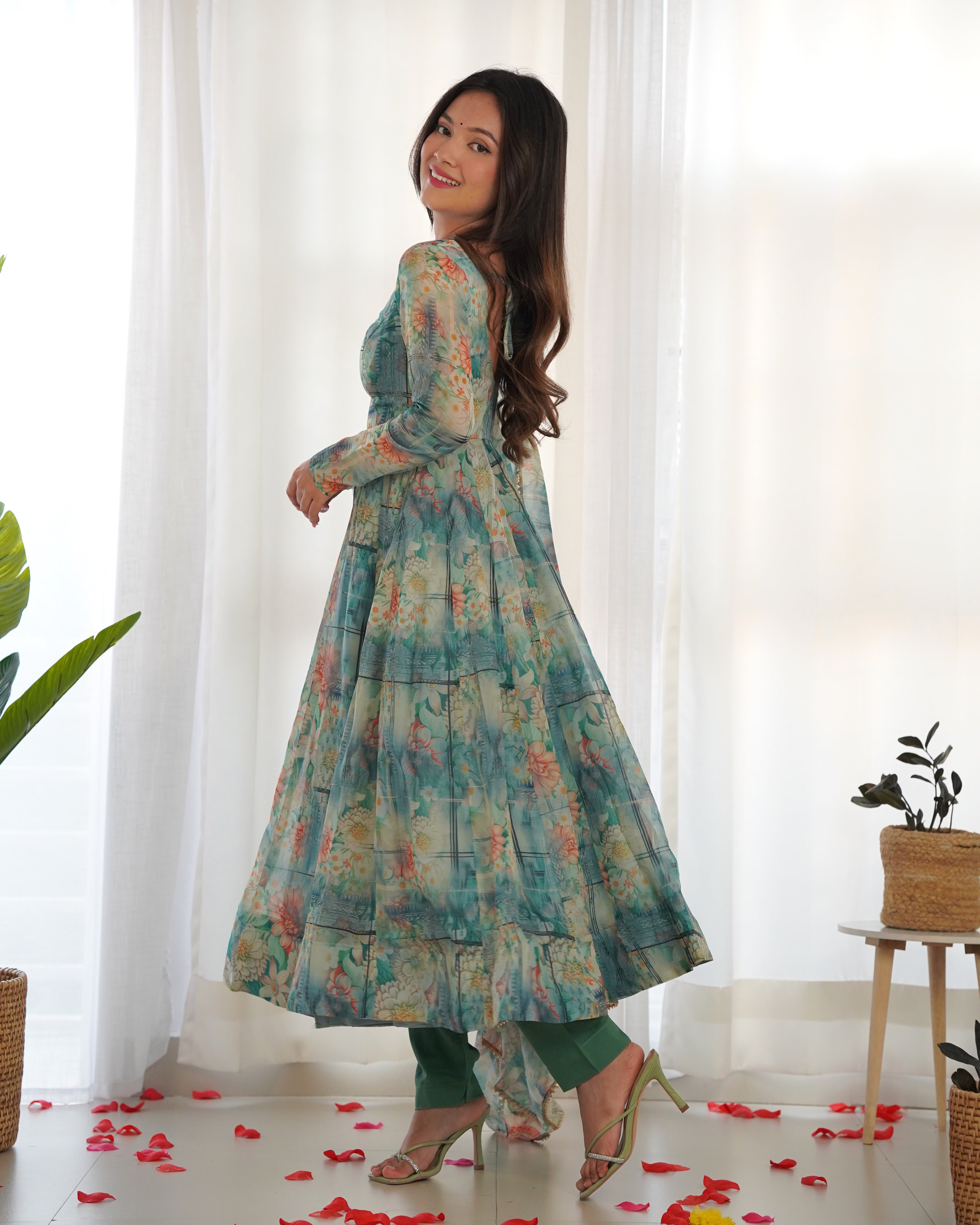 Bottle Green Floral Print Organza Anarkali Suit with Elegant Flair