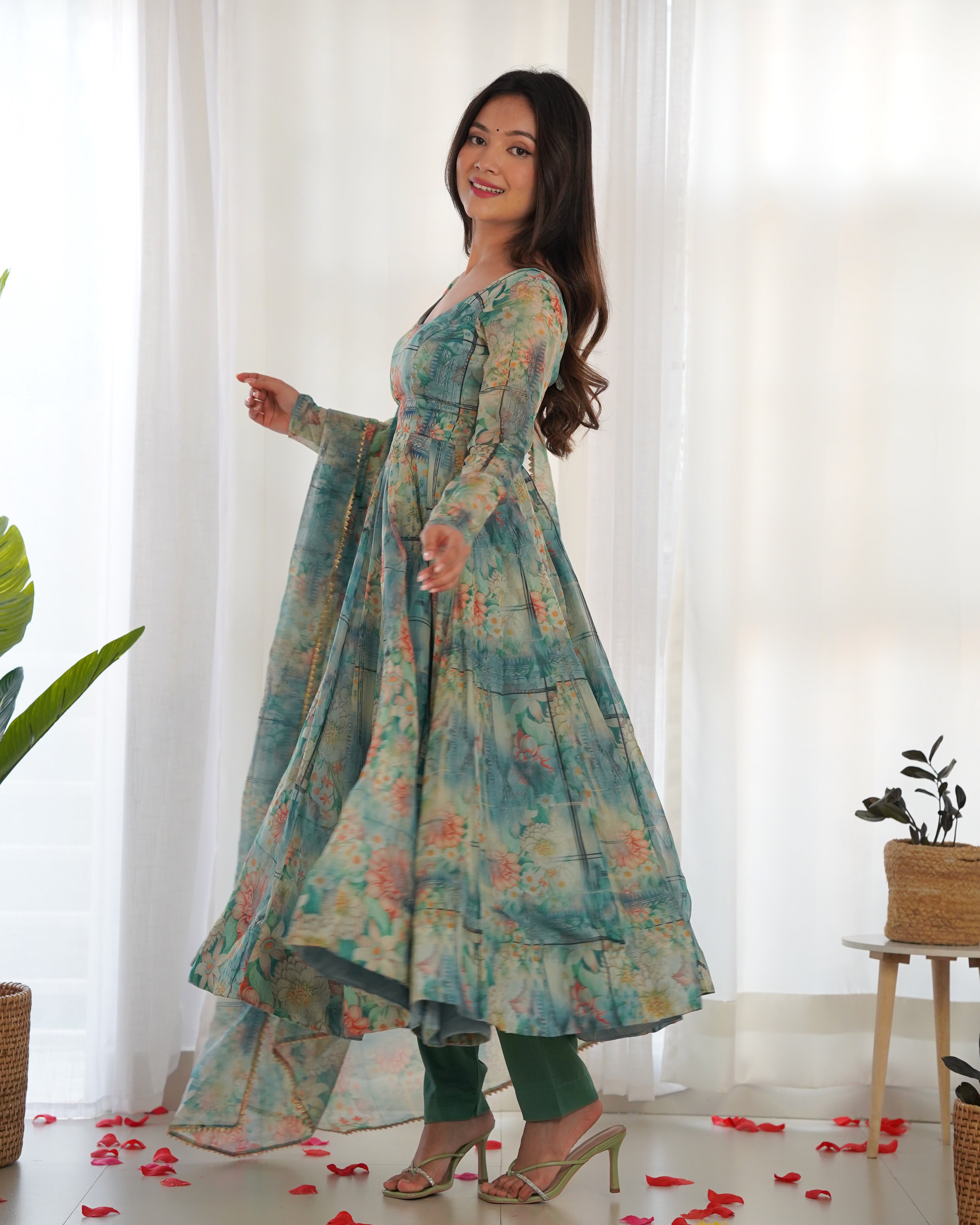 Bottle Green Floral Print Organza Anarkali Suit with Elegant Flair