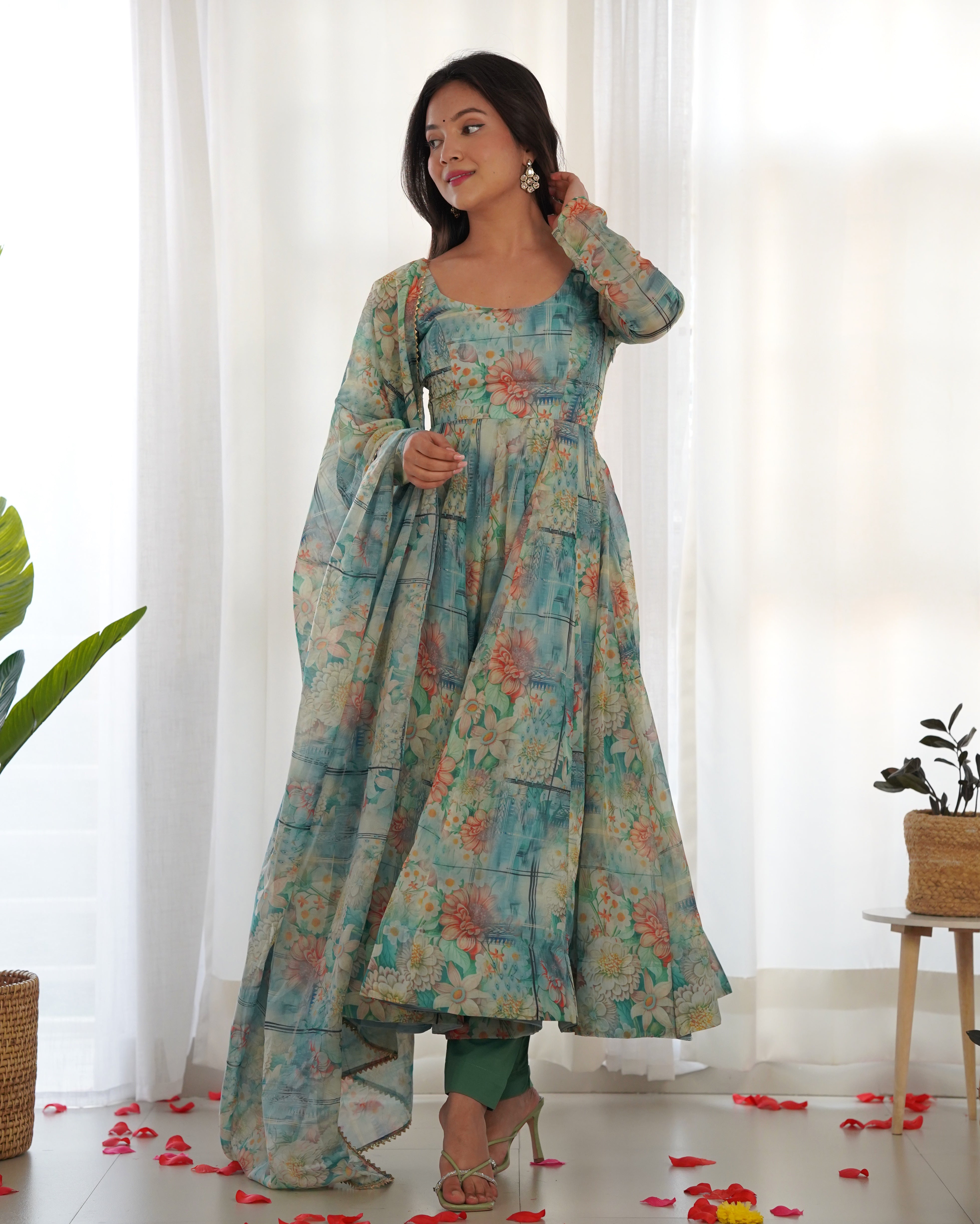 Bottle Green Floral Print Organza Anarkali Suit with Elegant Flair