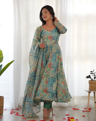 Bottle Green Floral Print Organza Anarkali Suit with Elegant Flair