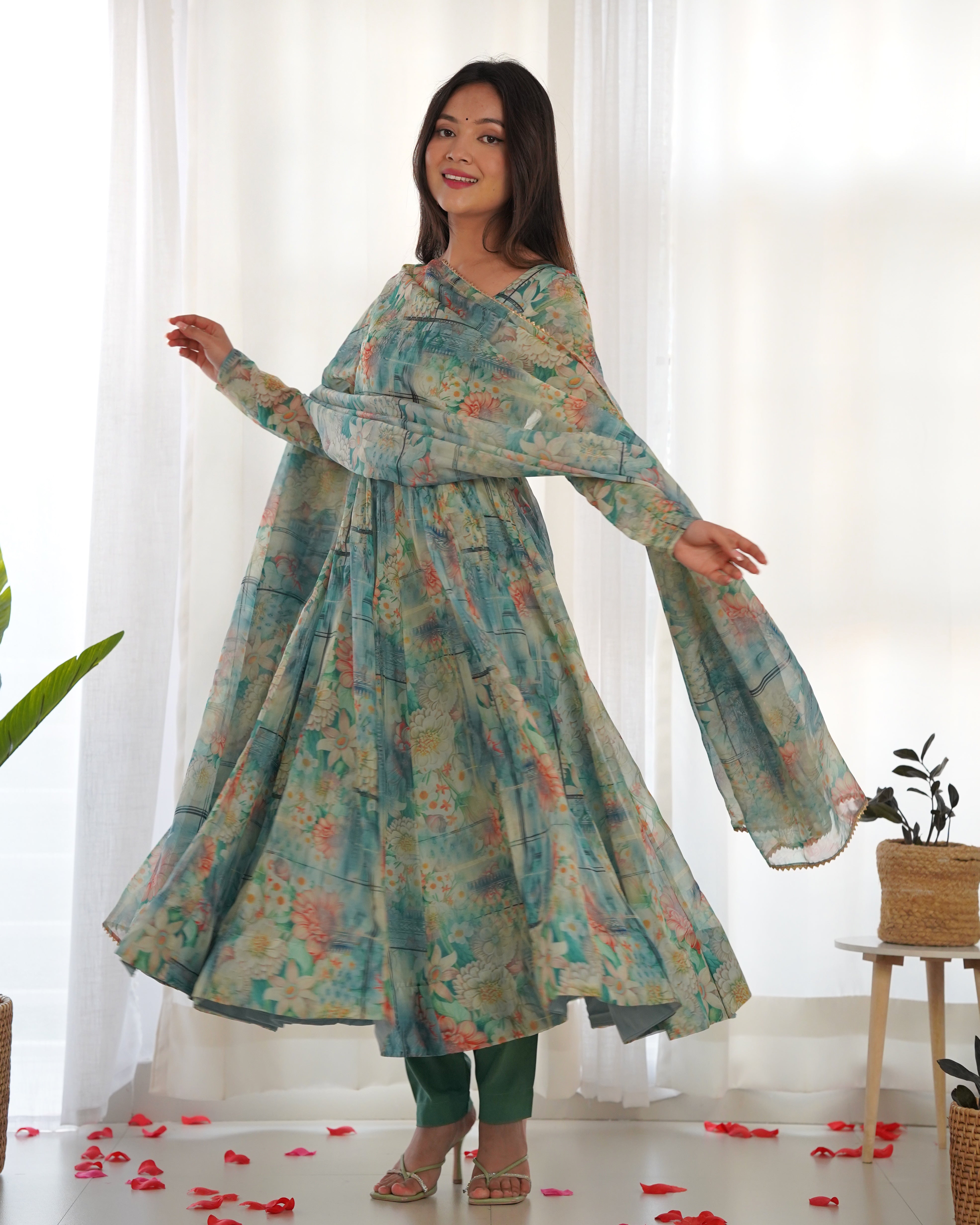 Bottle Green Floral Print Organza Anarkali Suit with Elegant Flair