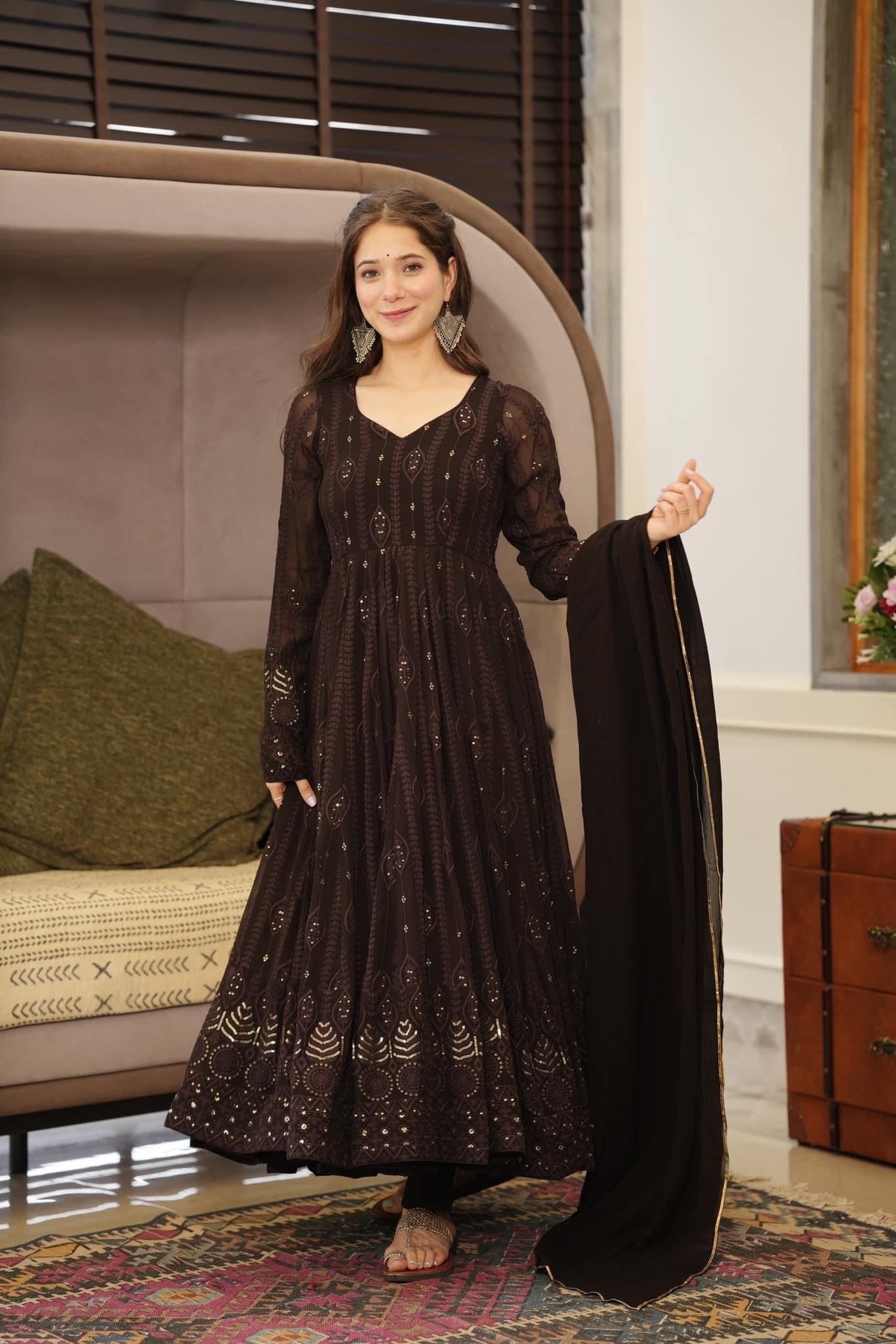 Elegant Georgette Embroidered Kurta Set with Cotton Pants & Georgette Dupatta