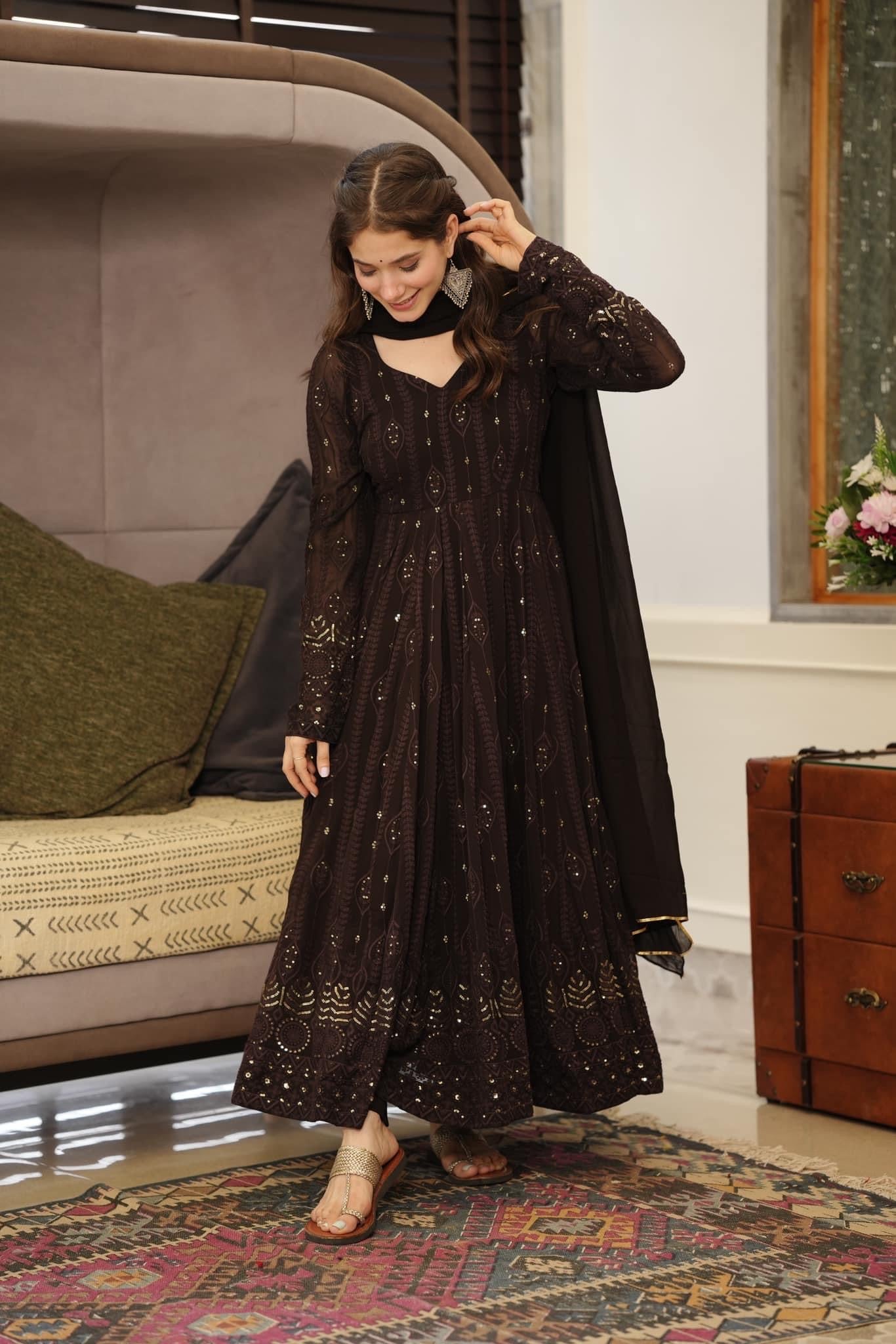 Elegant Georgette Embroidered Kurta Set with Cotton Pants & Georgette Dupatta