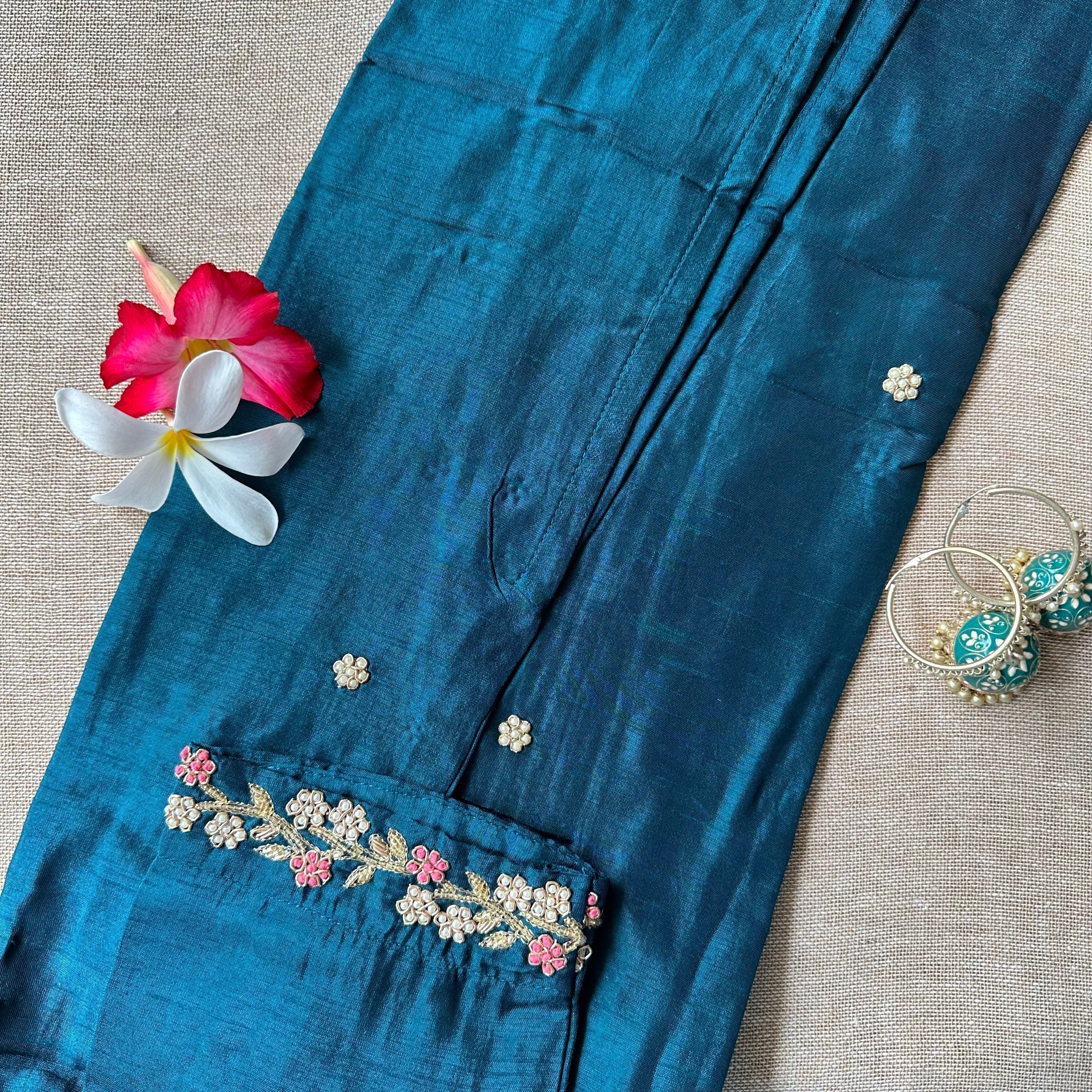 "Meena" Hand Embroidered Turquoise Silk Kurta