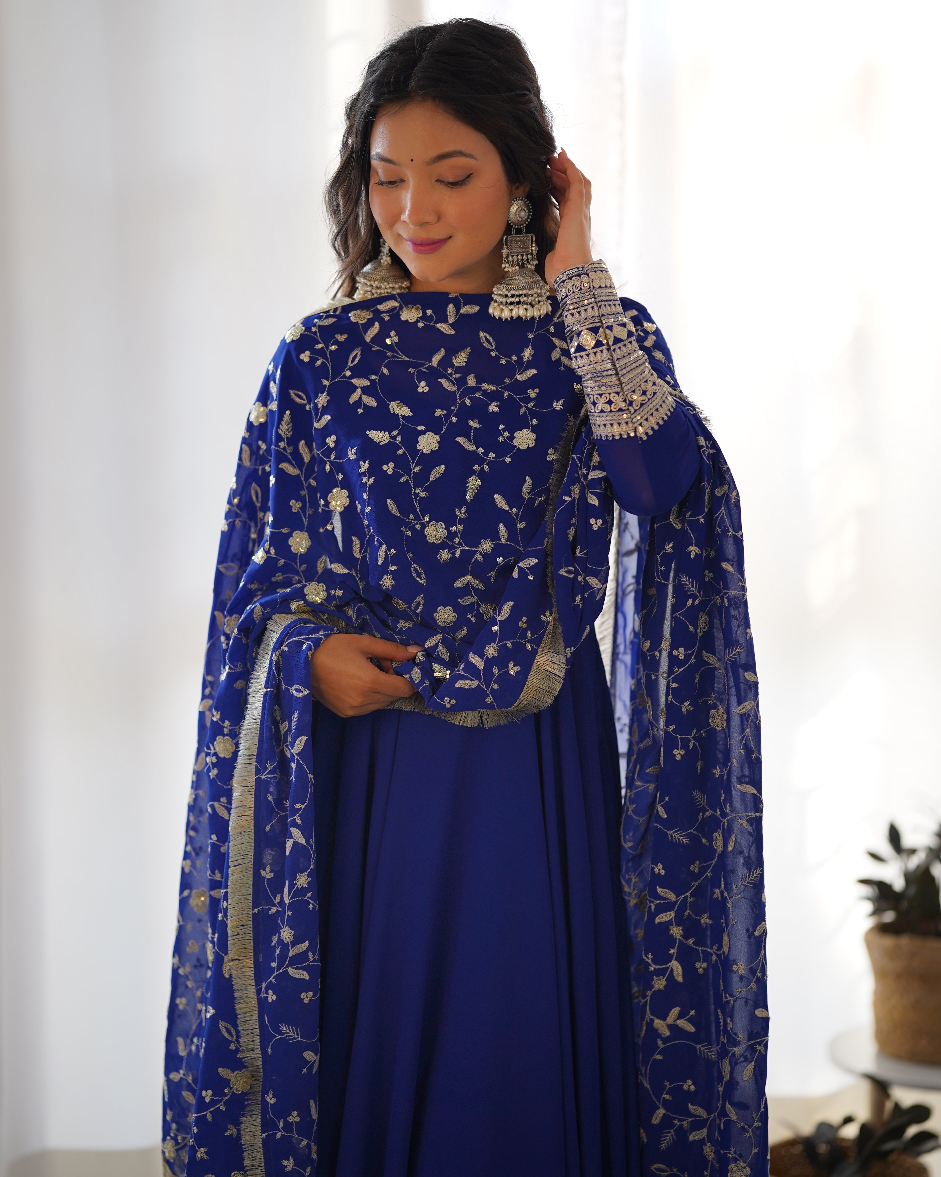 Royal Blue, Rani Pink & Black Fox Georgette Anarkali Suit with Embroidered Dupatta