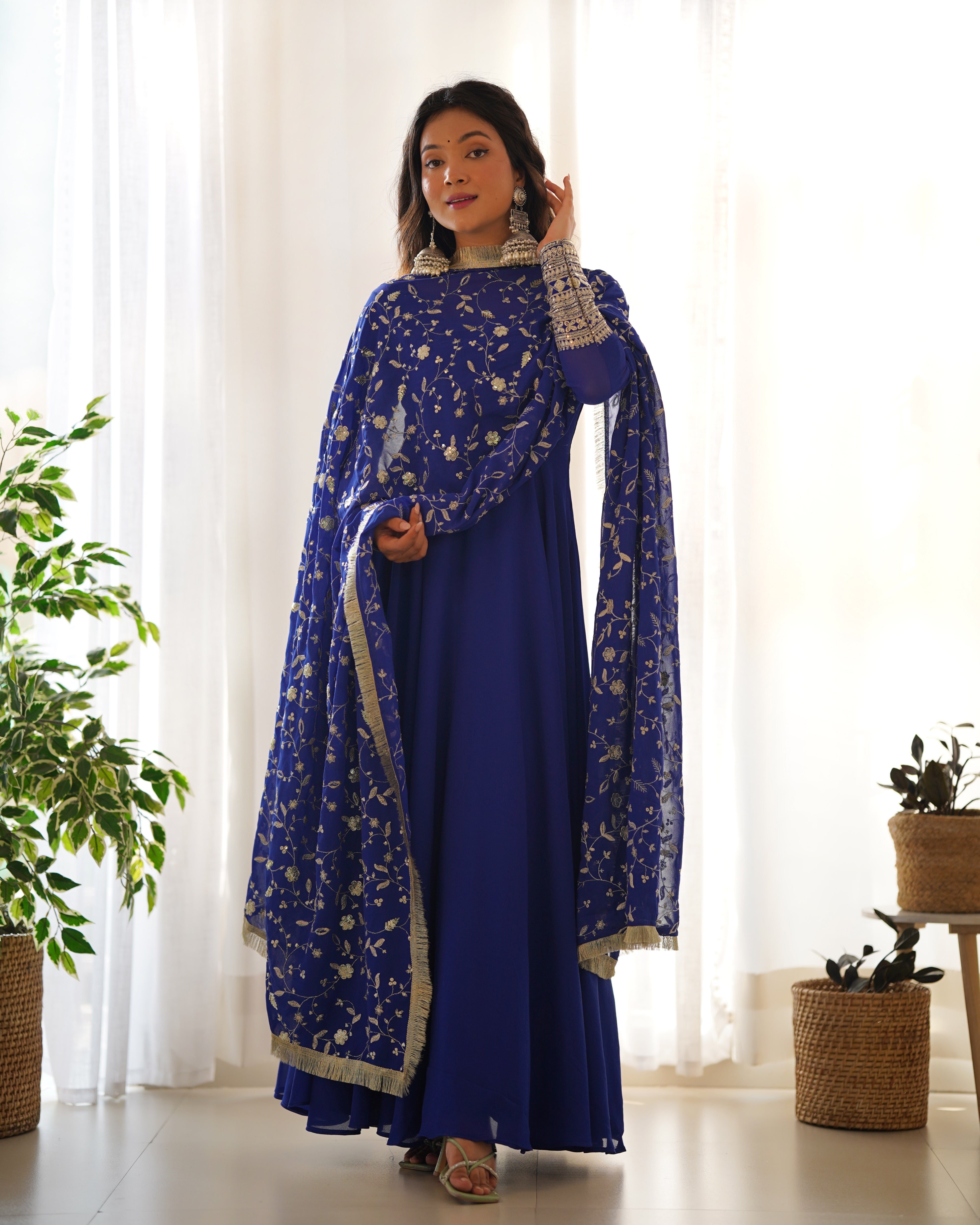 Royal Blue, Rani Pink & Black Fox Georgette Anarkali Suit with Embroidered Dupatta