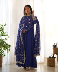 Royal Blue, Rani Pink & Black Fox Georgette Anarkali Suit with Embroidered Dupatta