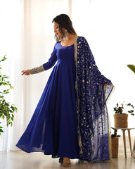 Royal Blue, Rani Pink & Black Fox Georgette Anarkali Suit with Embroidered Dupatta
