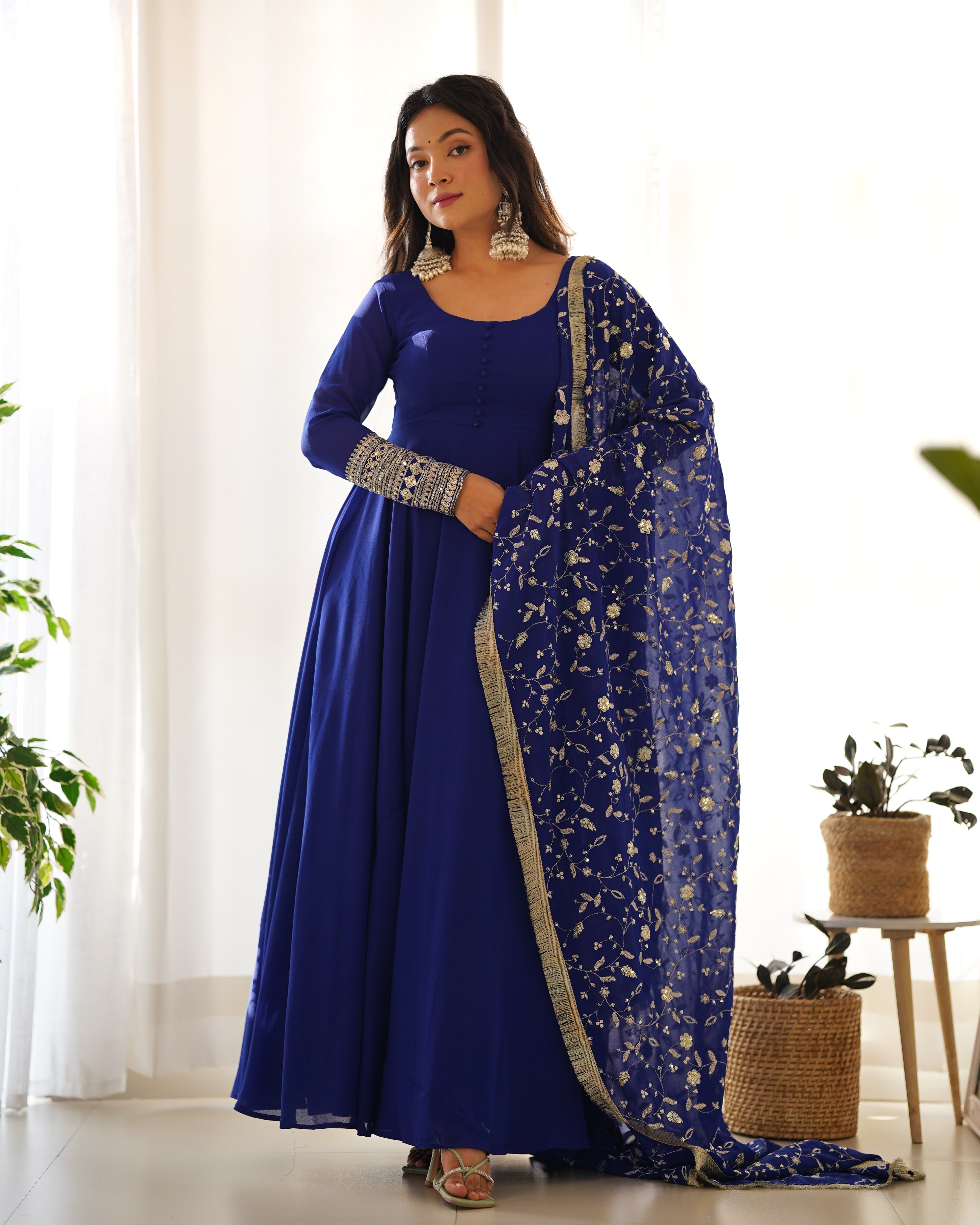 Royal Blue, Rani Pink & Black Fox Georgette Anarkali Suit with Embroidered Dupatta