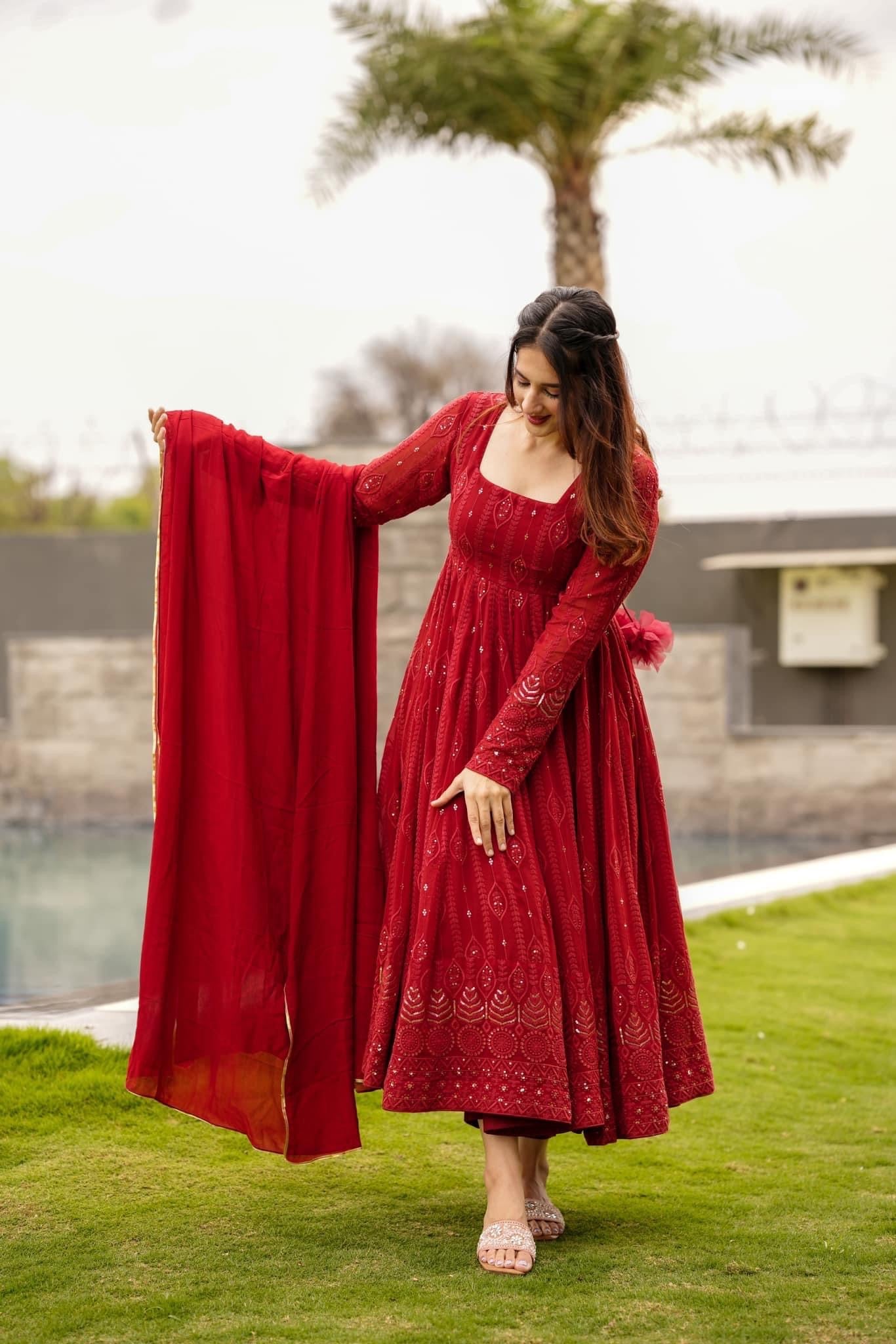 Georgette Fabric Embroidered Kurta Set with Cotton Pants & Dupatta