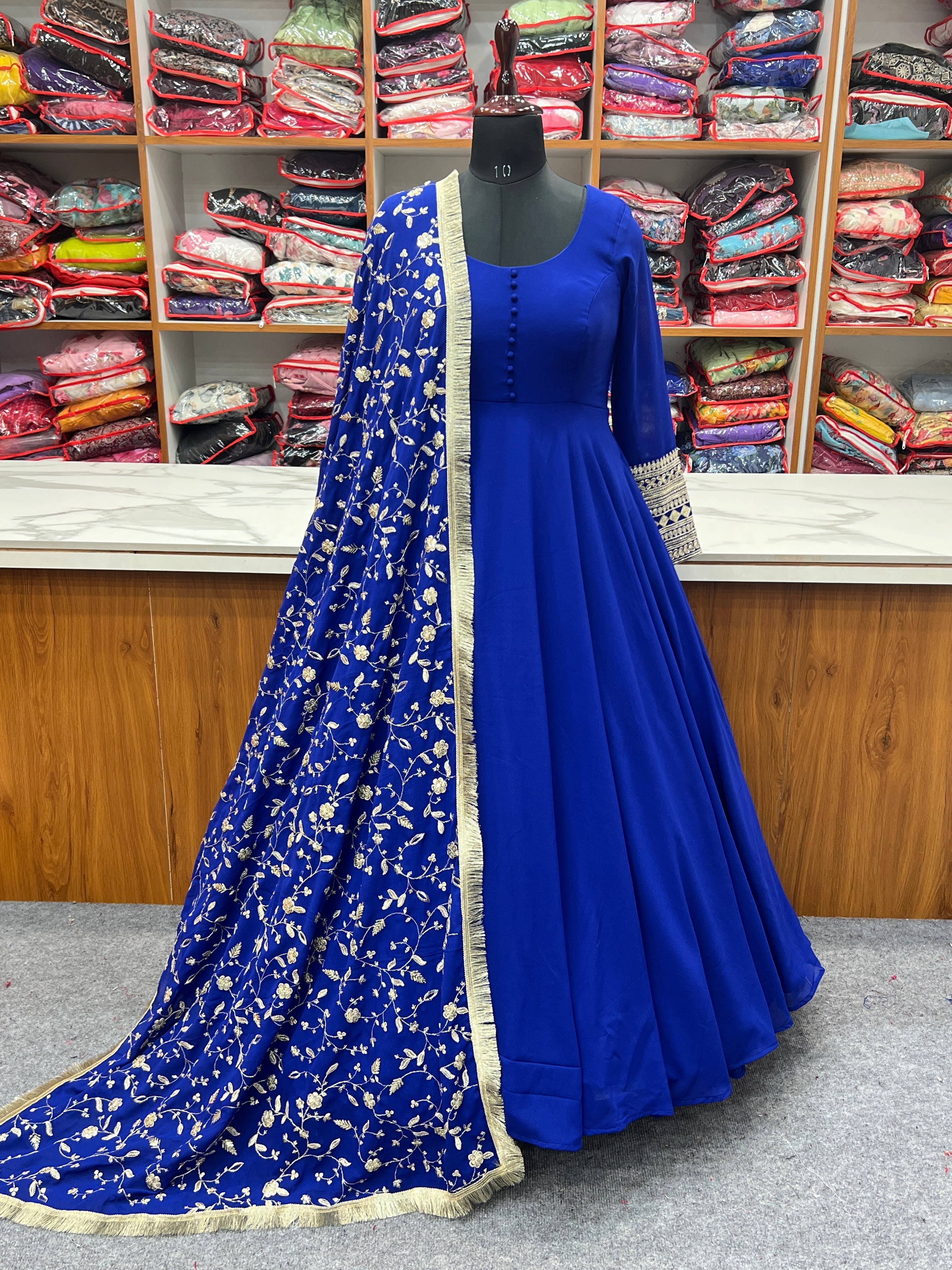 Royal Blue, Rani Pink & Black Fox Georgette Anarkali Suit with Embroidered Dupatta