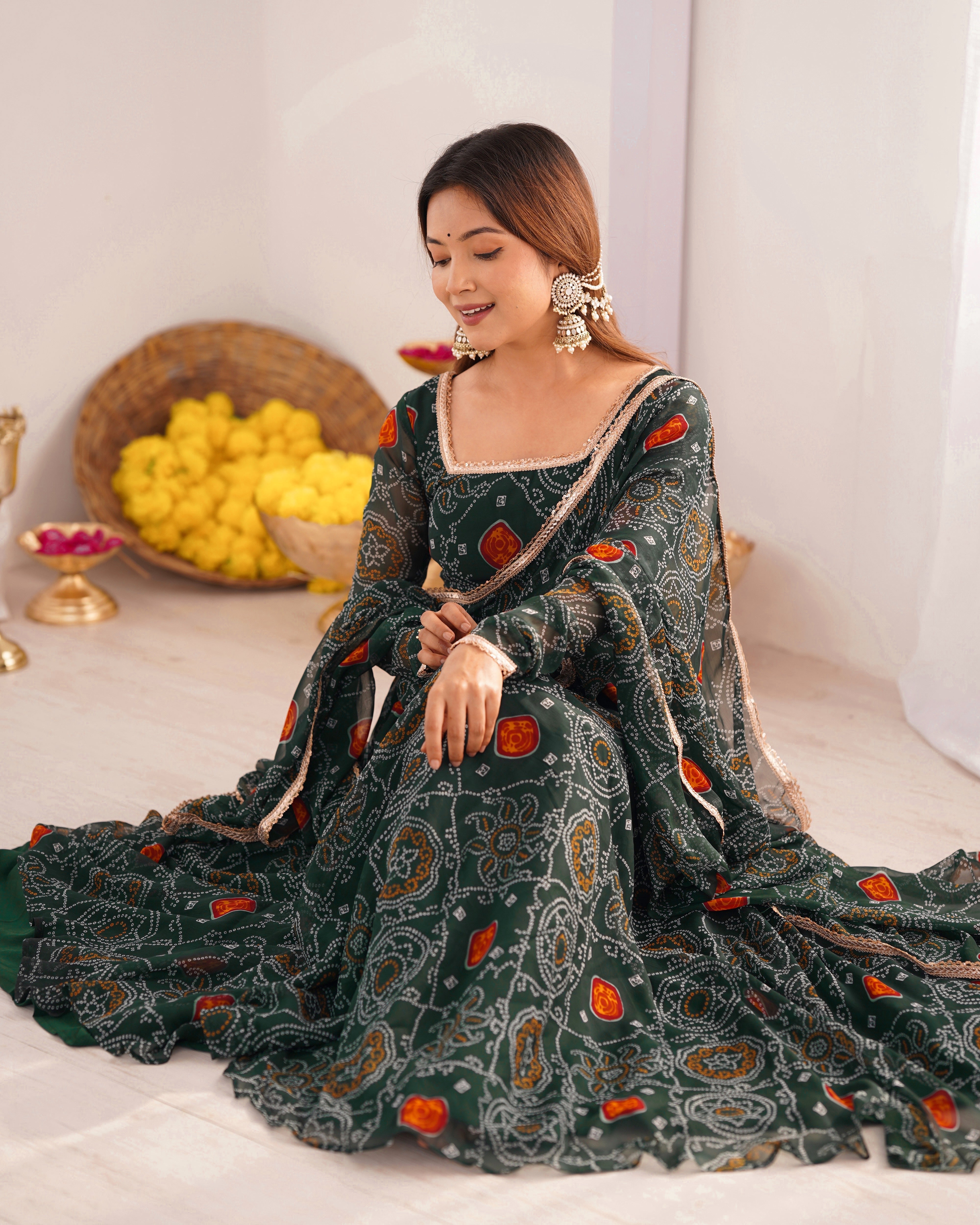 Green Bandhej Print Soft Chiffon Anarkali Gown – 3-Piece Set