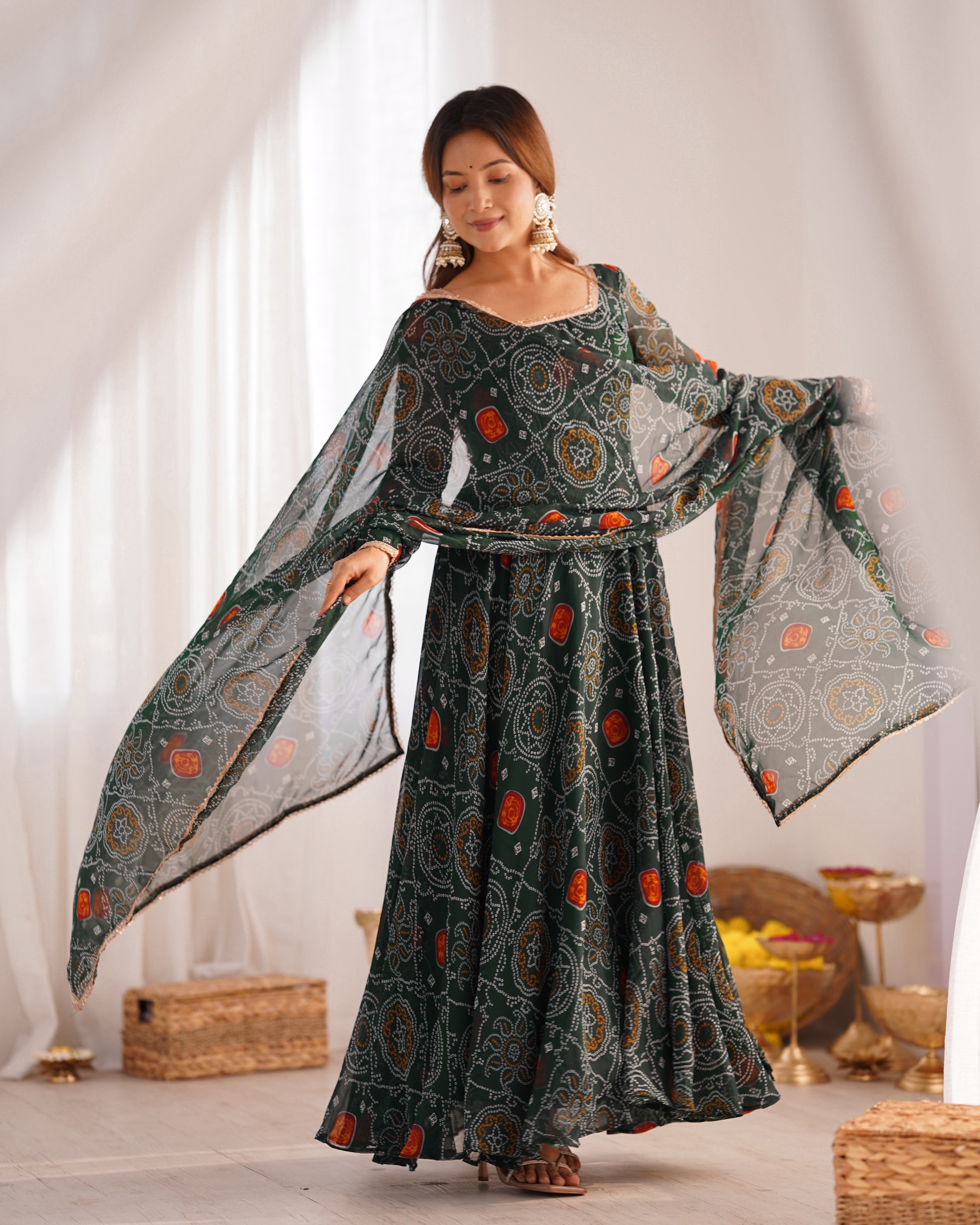Green Bandhej Print Soft Chiffon Anarkali Gown – 3-Piece Set