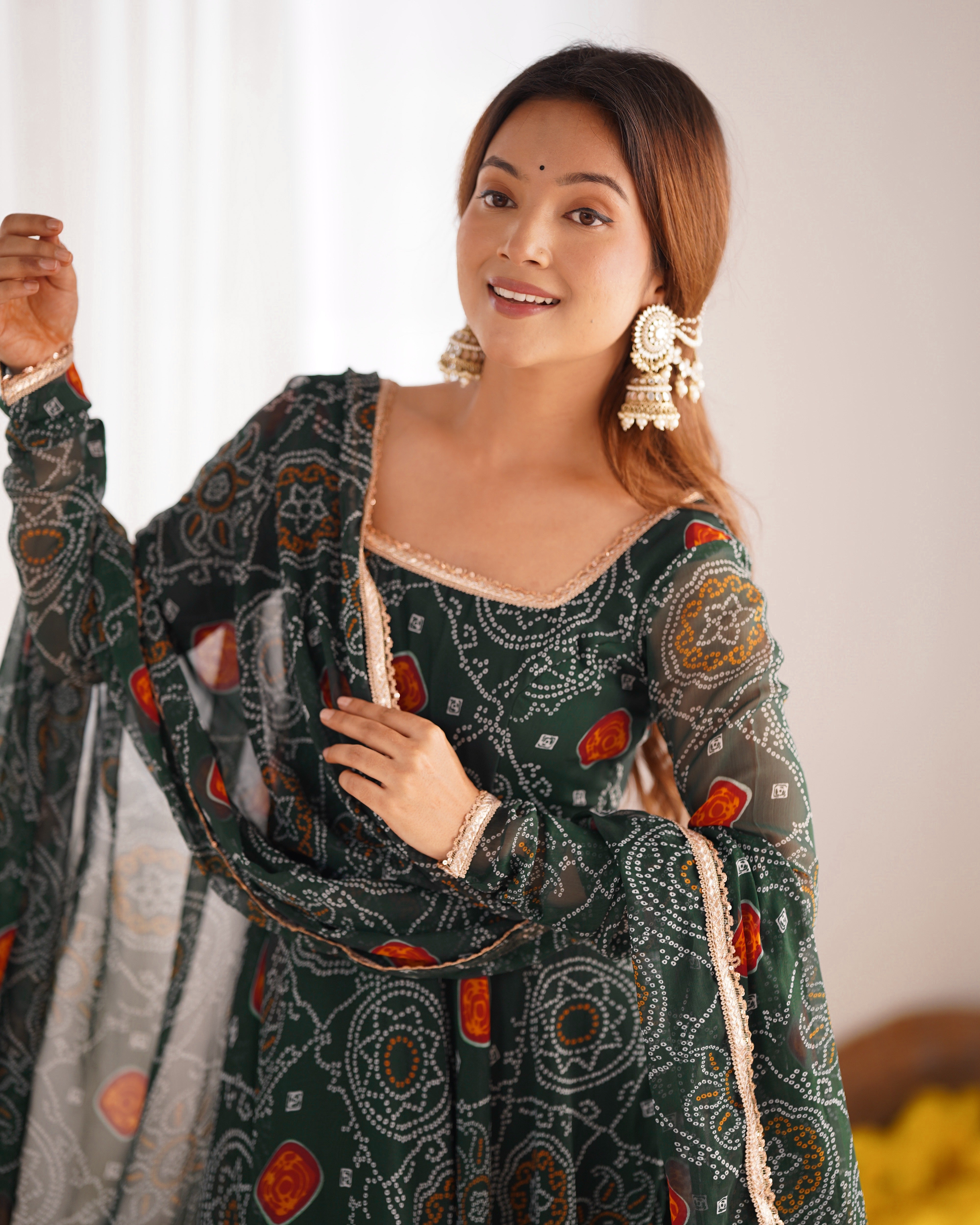 Green Bandhej Print Soft Chiffon Anarkali Gown – 3-Piece Set