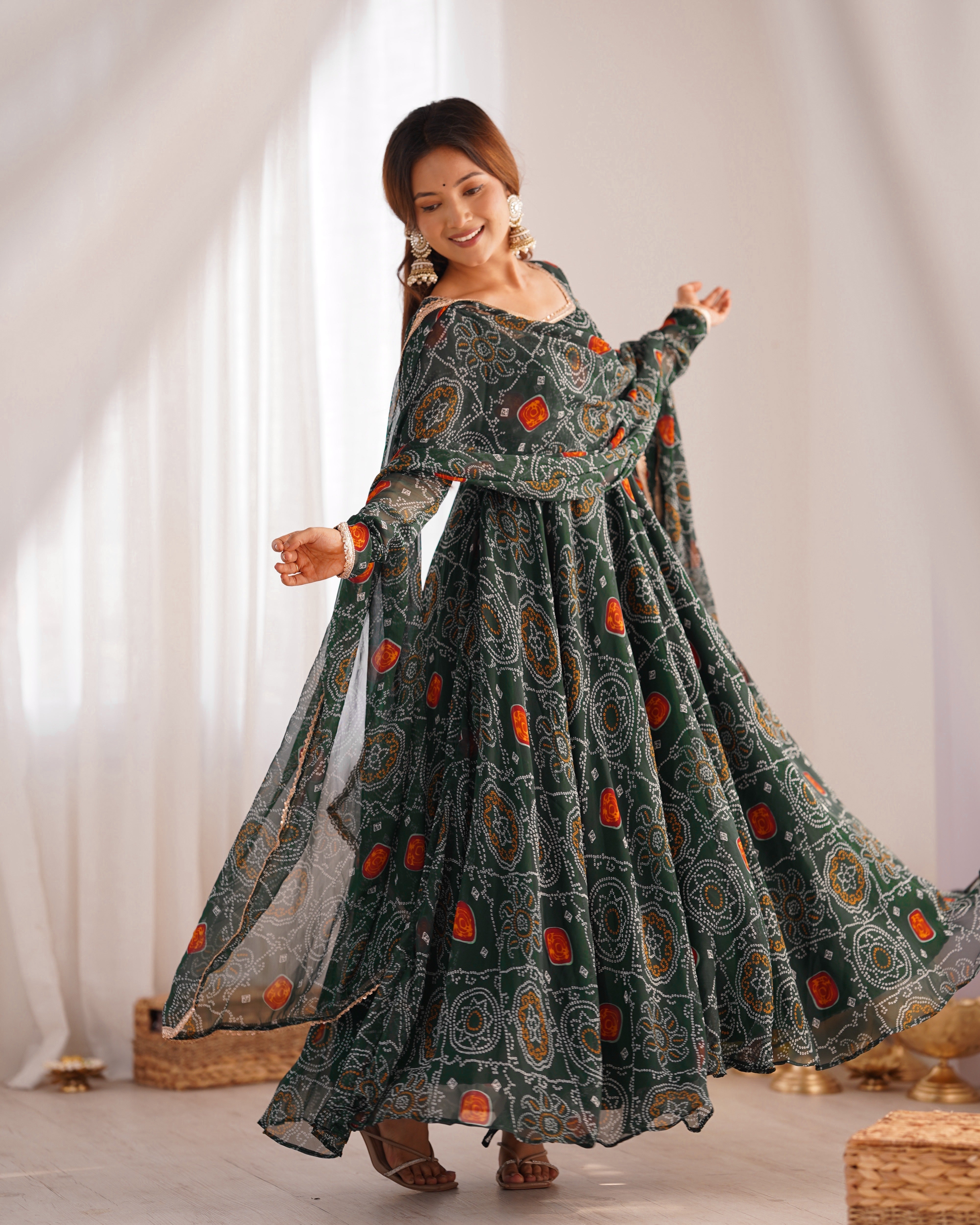 Green Bandhej Print Soft Chiffon Anarkali Gown – 3-Piece Set