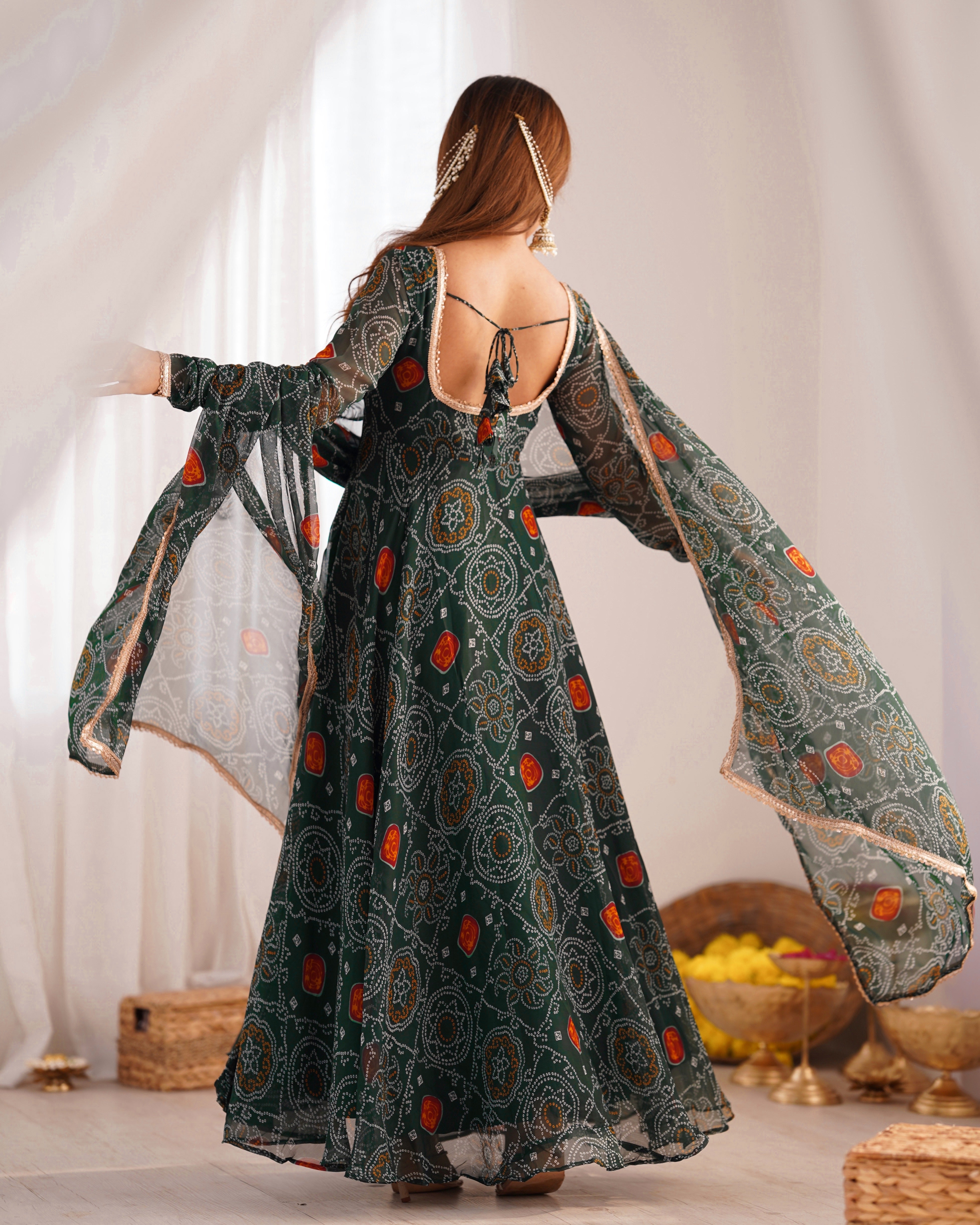 Green Bandhej Print Soft Chiffon Anarkali Gown – 3-Piece Set