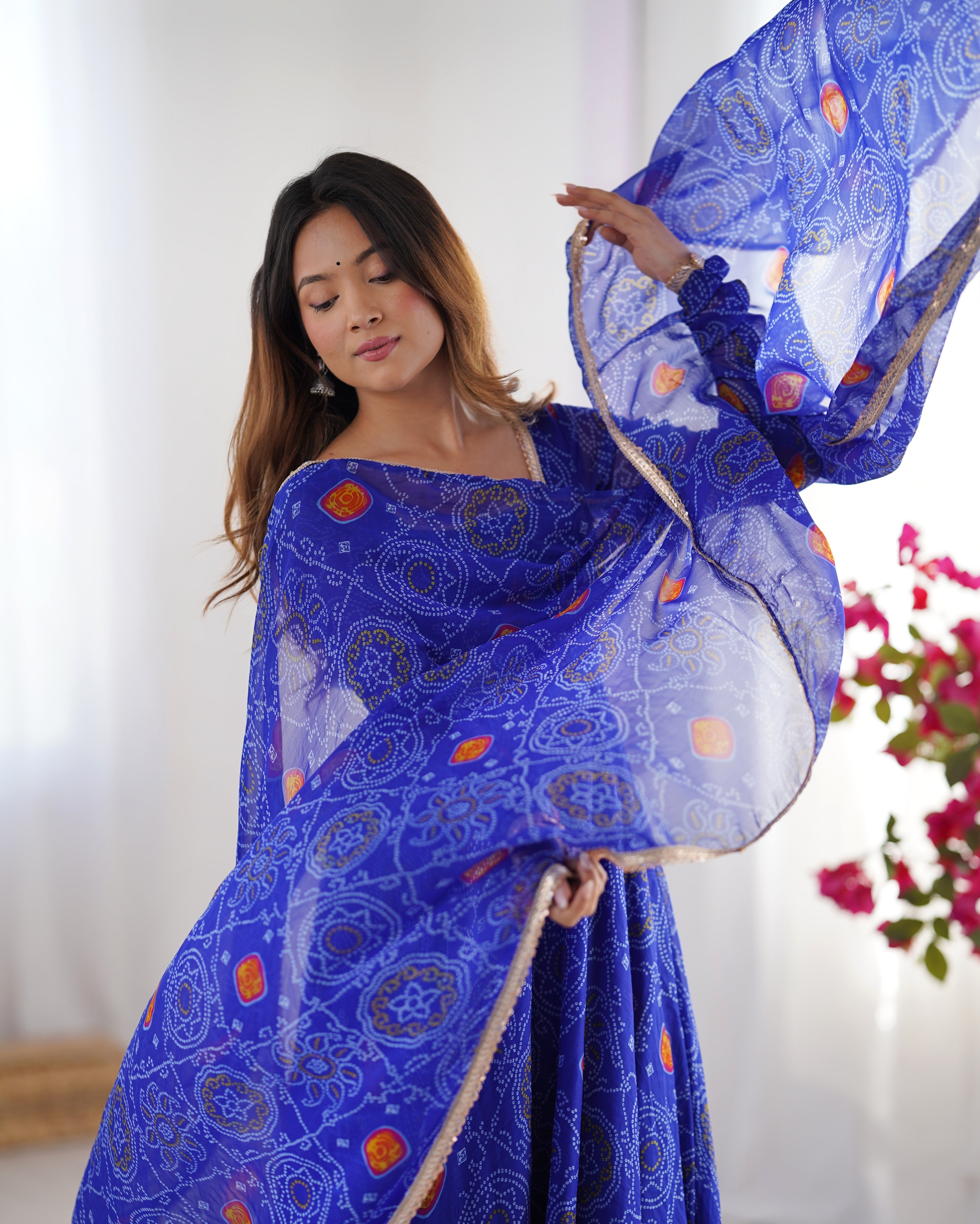 Royal Blue Bandhej Print Soft Chiffon Anarkali Gown with Full Sleeves – Festival & Party Wear