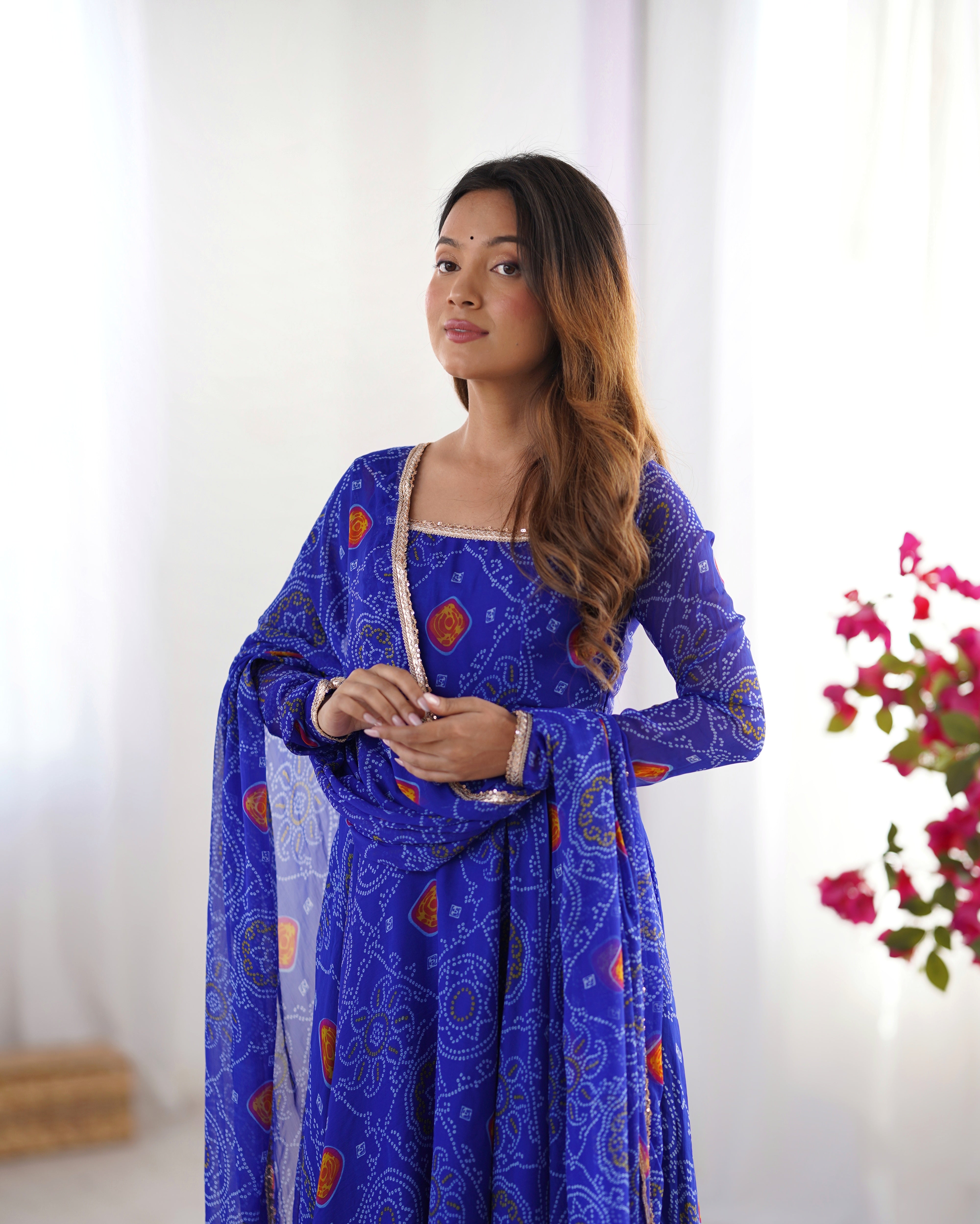 Royal Blue Bandhej Print Soft Chiffon Anarkali Gown with Full Sleeves – Festival & Party Wear