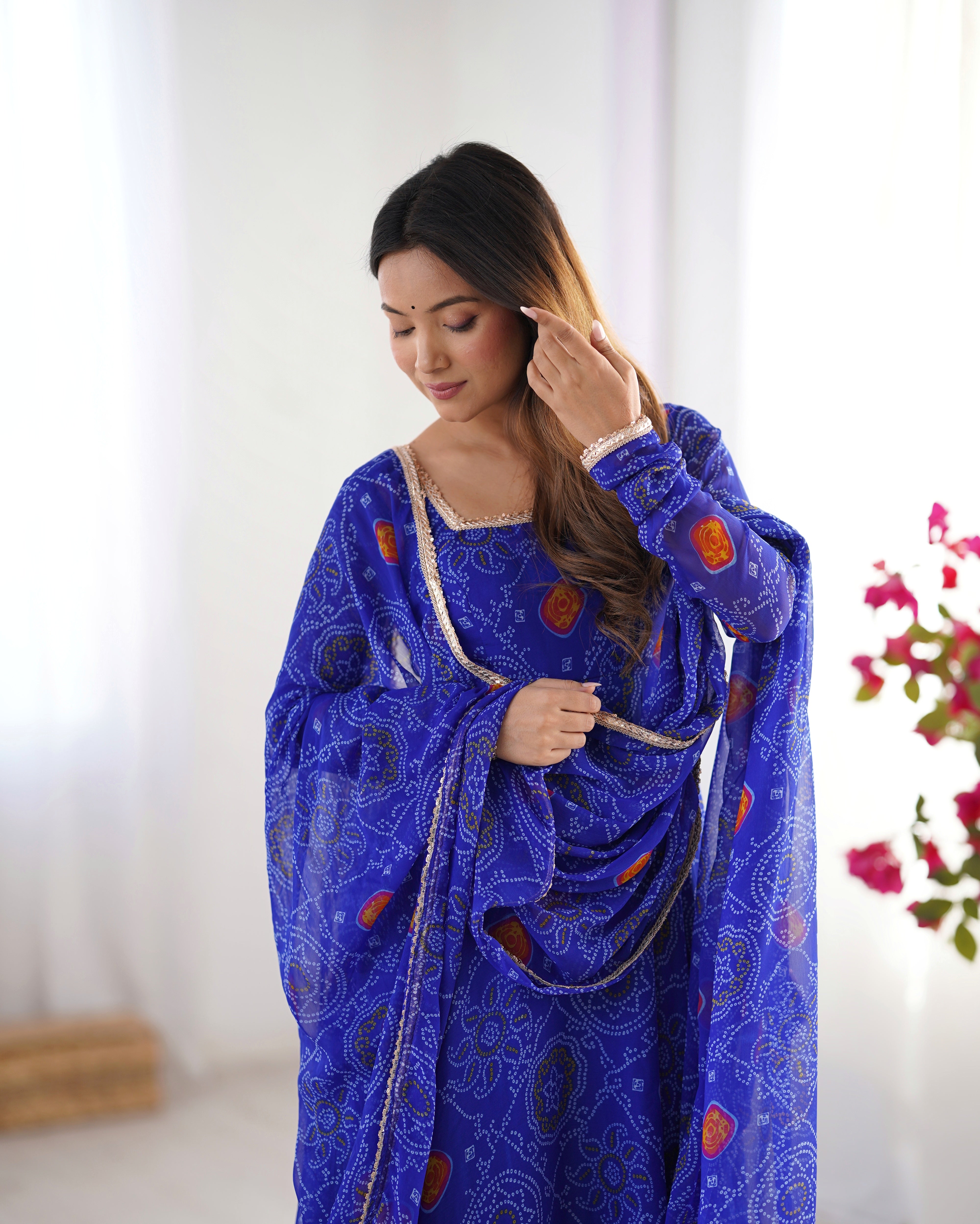 Royal Blue Bandhej Print Soft Chiffon Anarkali Gown with Full Sleeves – Festival & Party Wear