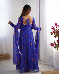 Royal Blue Bandhej Print Soft Chiffon Anarkali Gown with Full Sleeves – Festival & Party Wear