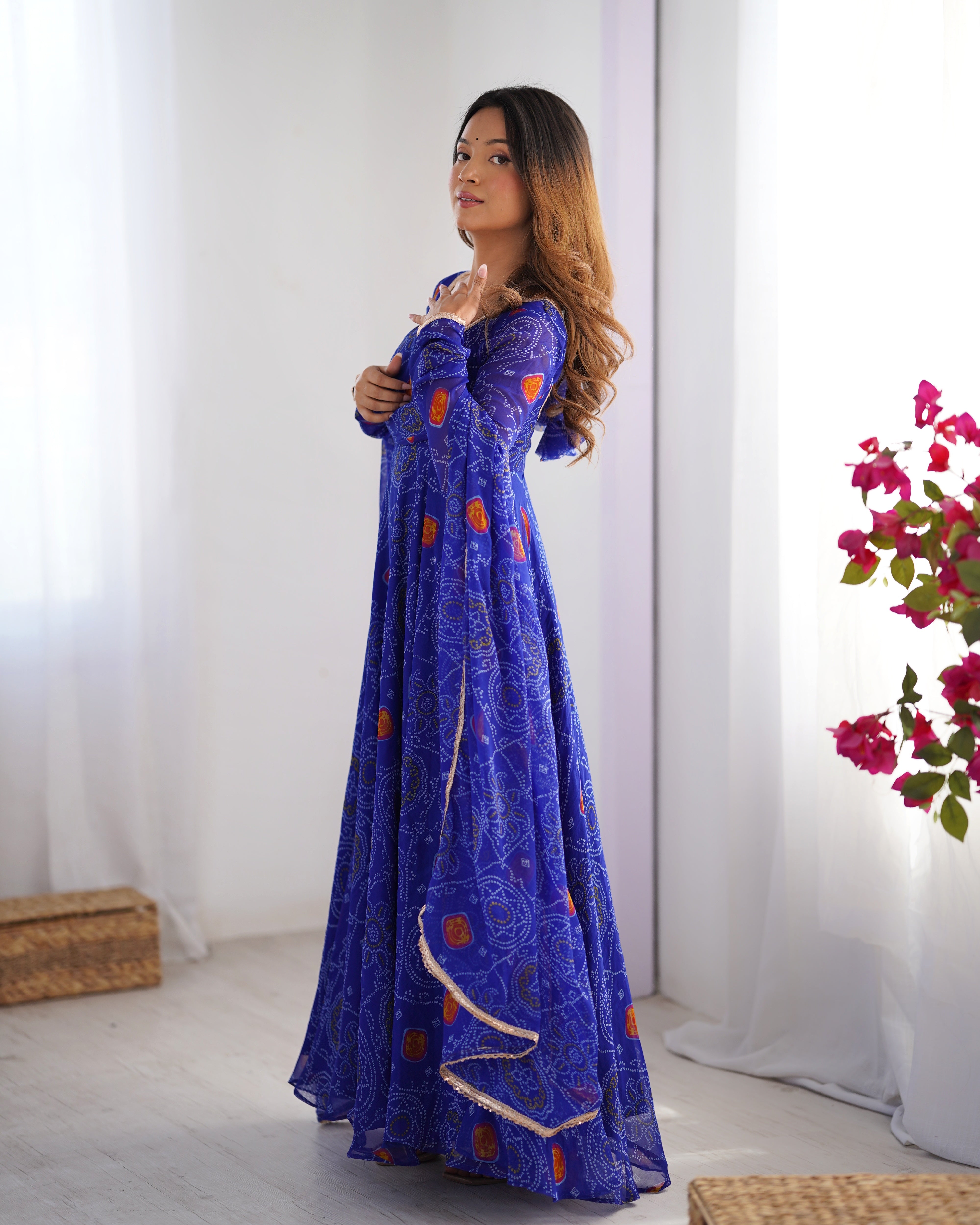 Royal Blue Bandhej Print Soft Chiffon Anarkali Gown with Full Sleeves – Festival & Party Wear