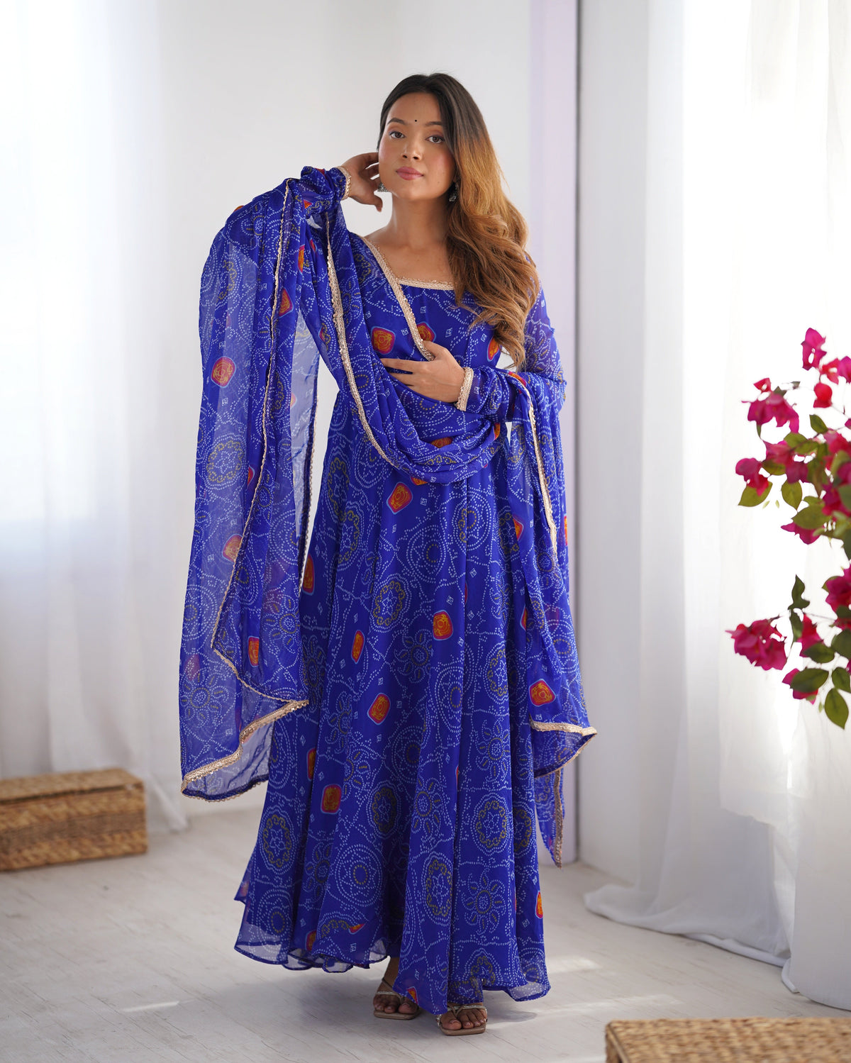 Royal Blue Bandhej Print Soft Chiffon Anarkali Gown with Full Sleeves – Festival & Party Wear